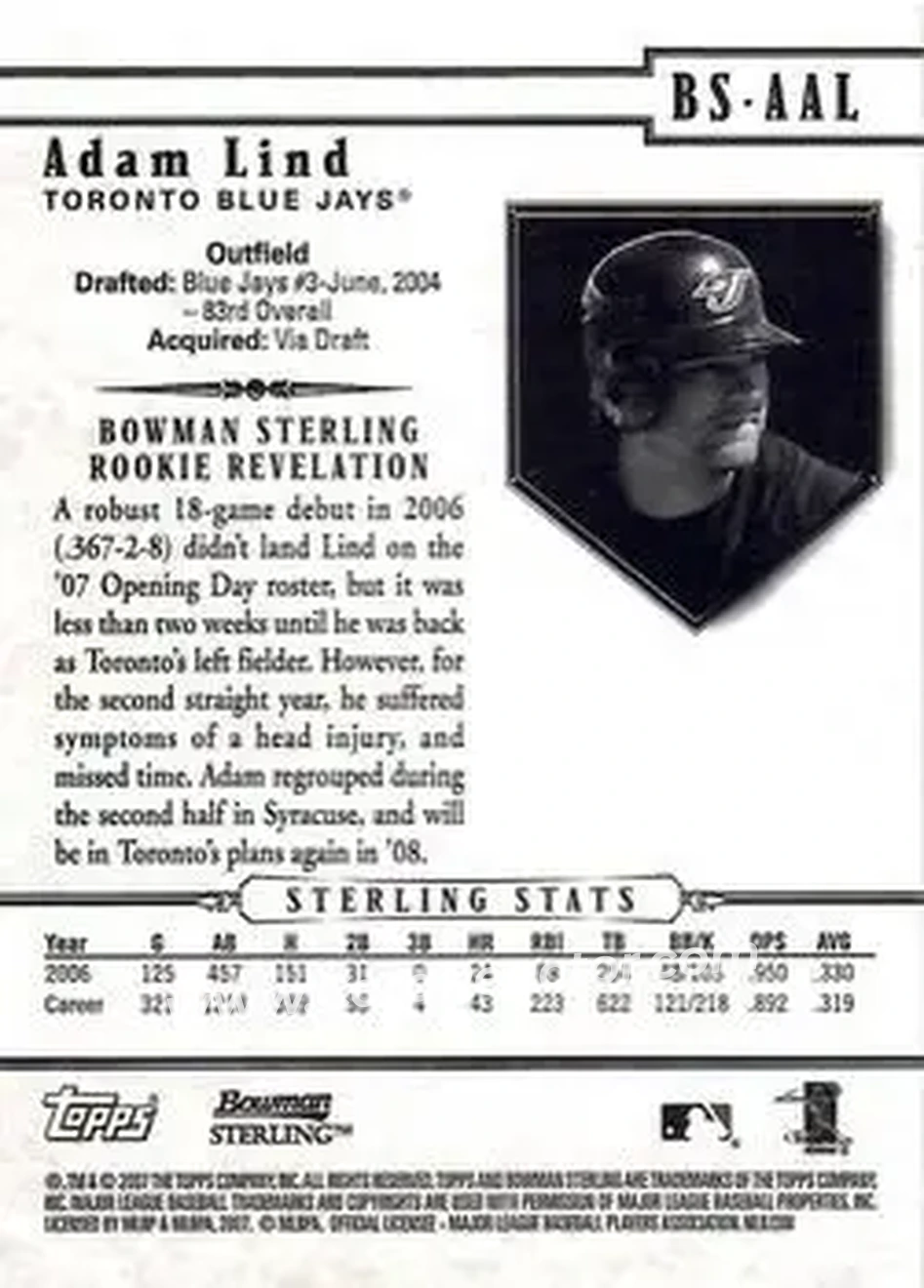2007 Bowman Sterling #BS-AAL - Adam Lind - Toronto Blue Jays - Back 2007 Bowman Sterling #BS-AAL - Adam Lind - Toronto Blue Jays - Back
