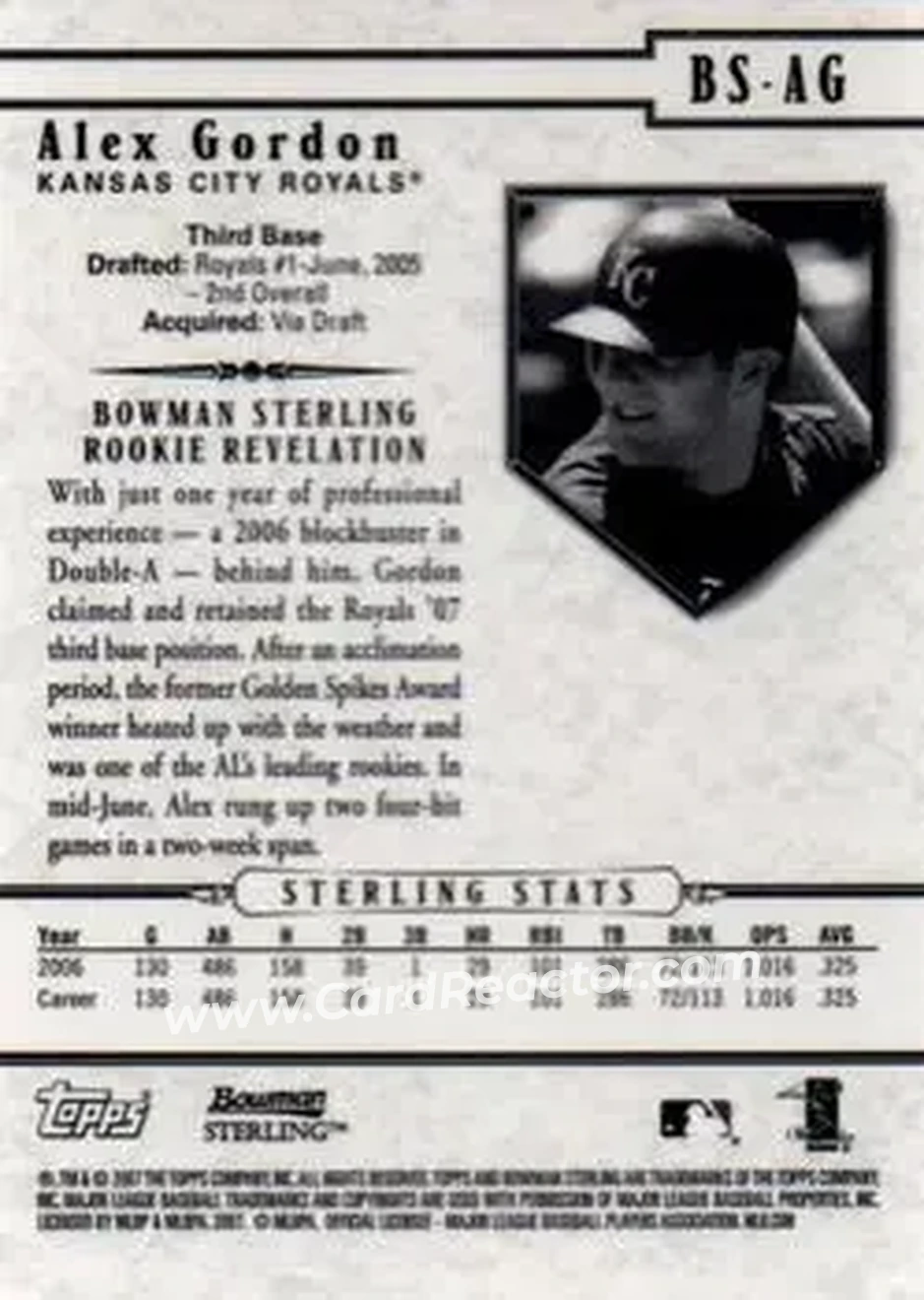 2007 Bowman Sterling #BS-AG - Alex Gordon - Kansas City Royals - Back 2007 Bowman Sterling #BS-AG - Alex Gordon - Kansas City Royals - Back