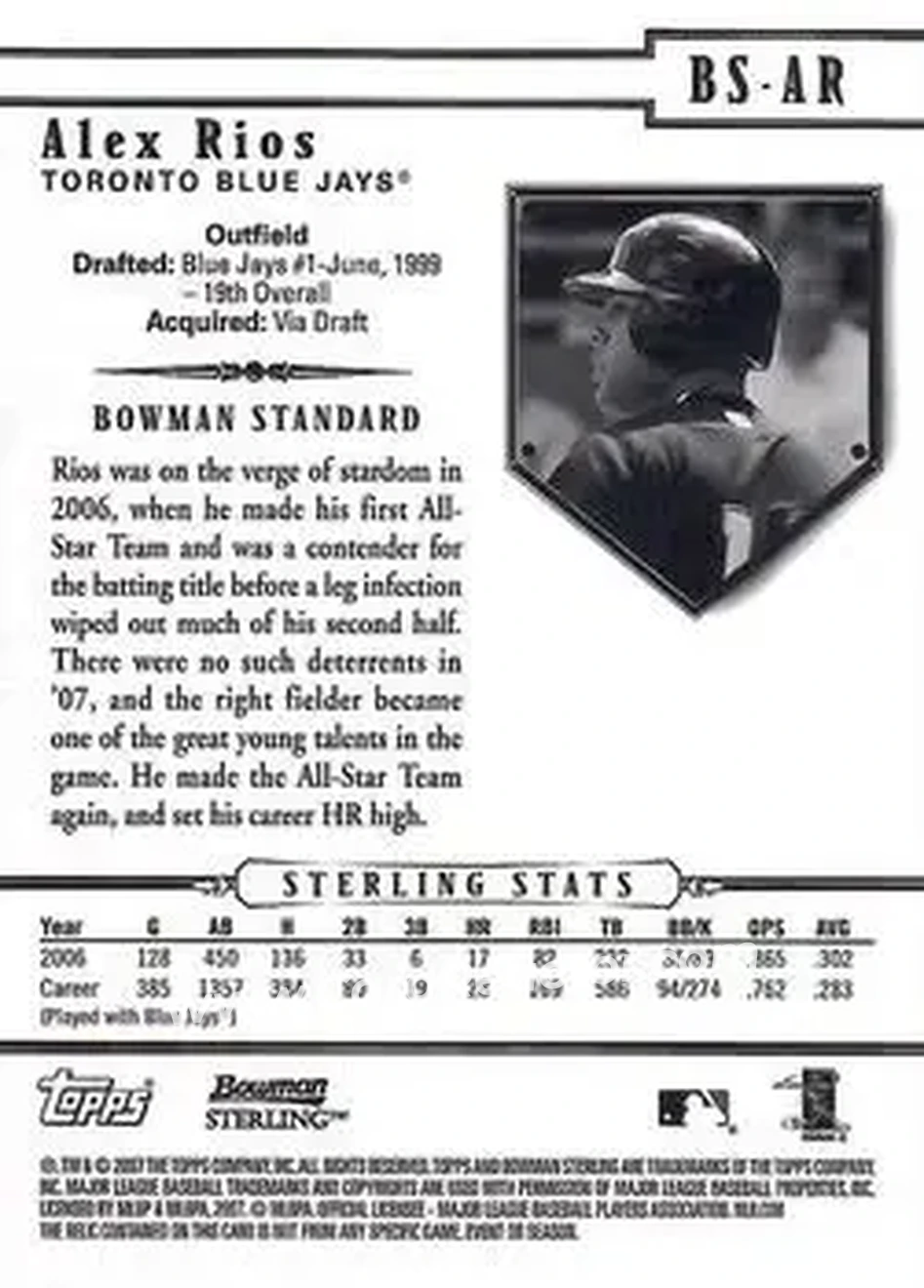 2007 Bowman Sterling #BS-AR - Alex Rios - Toronto Blue Jays - Back 2007 Bowman Sterling #BS-AR - Alex Rios - Toronto Blue Jays - Back