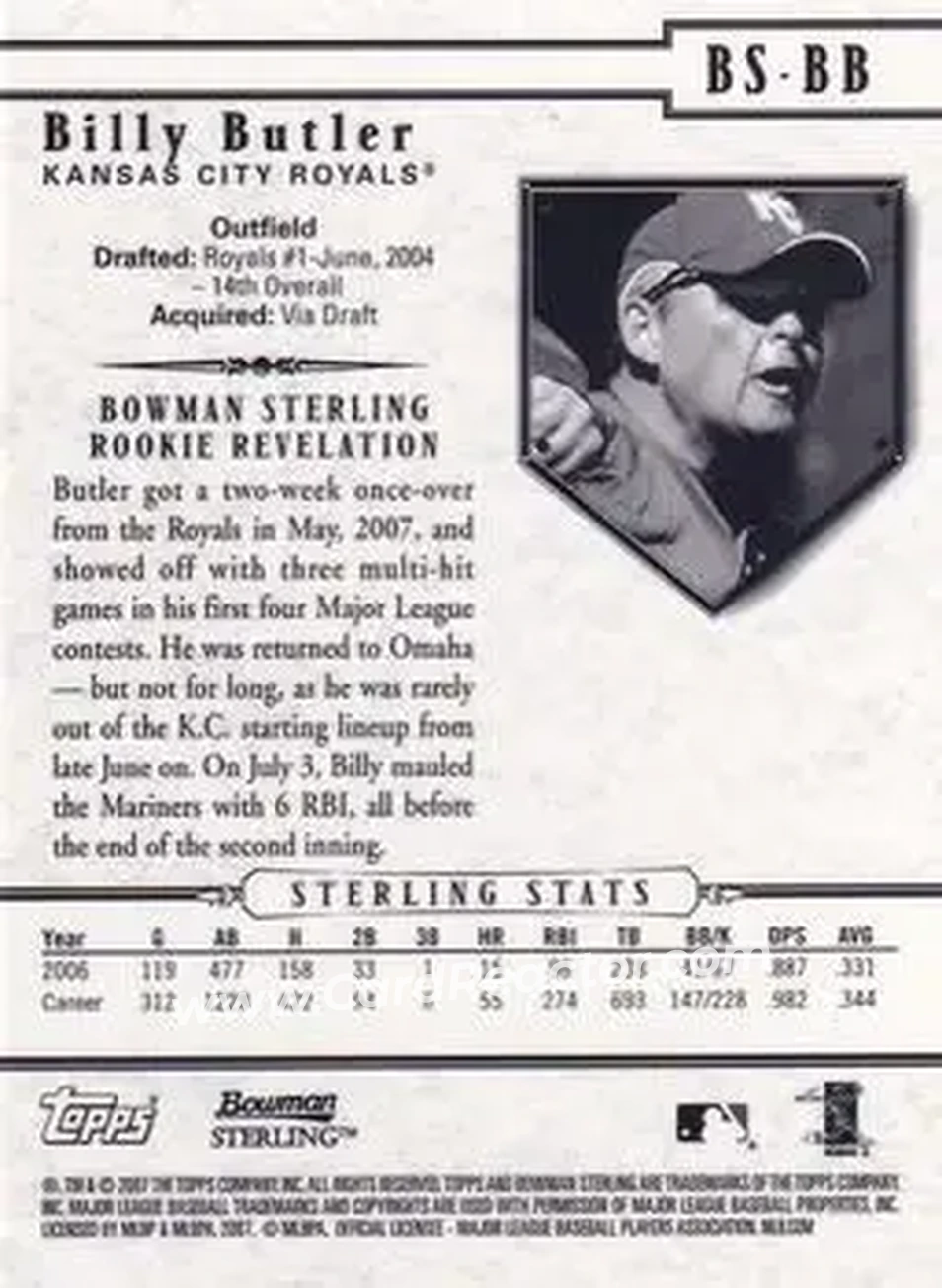 2007 Bowman Sterling #BS-BB - Billy Butler - Kansas City Royals - Back 2007 Bowman Sterling #BS-BB - Billy Butler - Kansas City Royals - Back