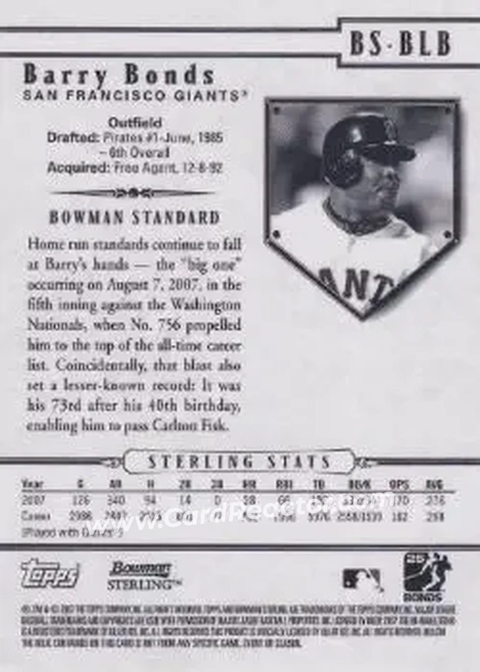2007 Bowman Sterling #BS-BLB - Barry Bonds - San Francisco Giants - Back