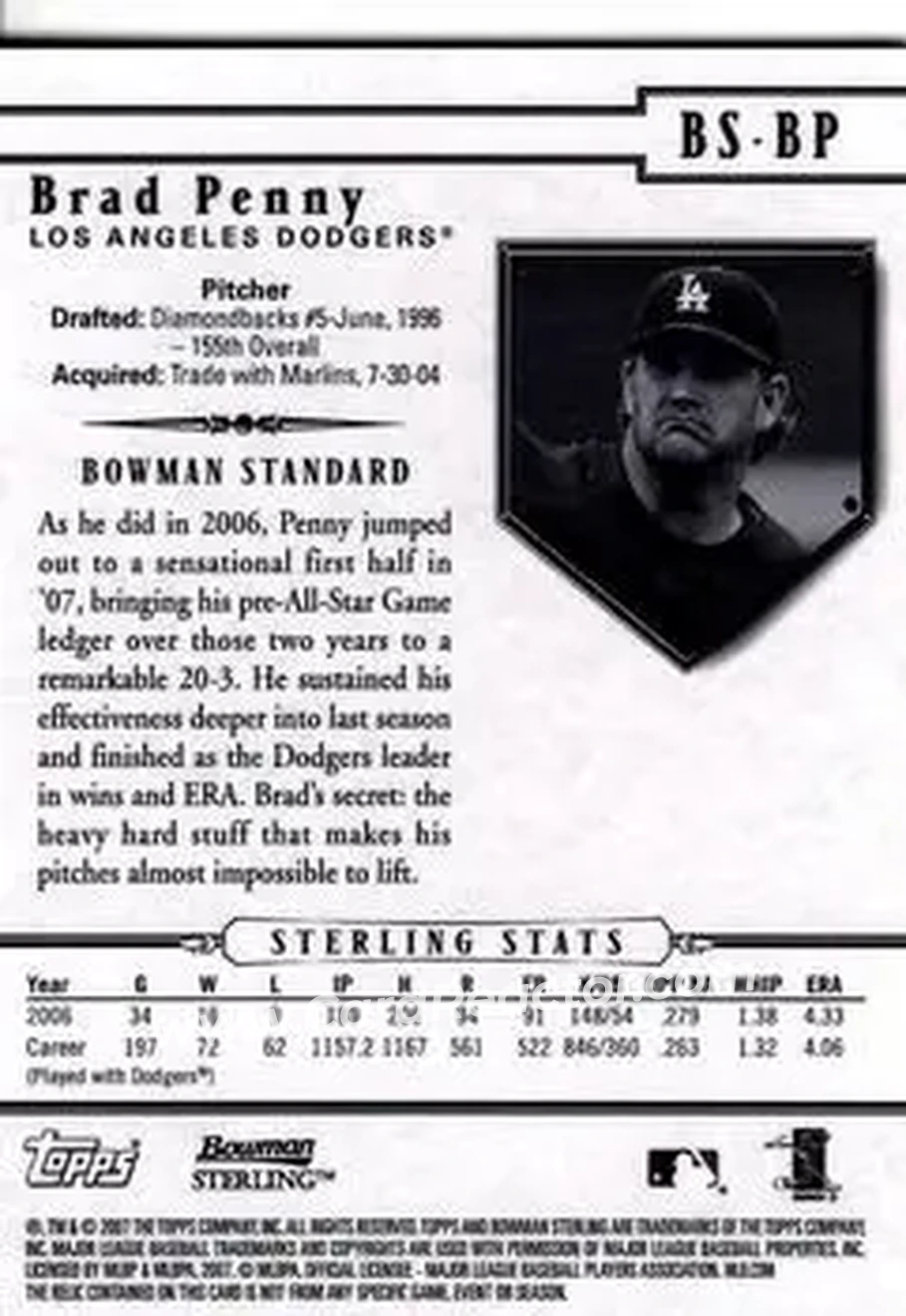 2007 Bowman Sterling #BS-BP - Brad Penny - Los Angeles Dodgers - Back