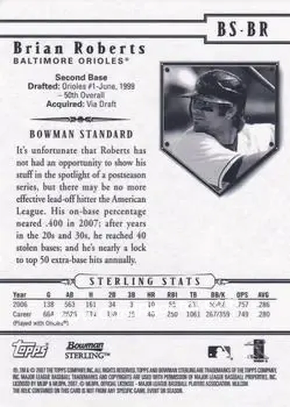 2007 Bowman Sterling #BS-BR - Brian Roberts - Baltimore Orioles - Back 2007 Bowman Sterling #BS-BR - Brian Roberts - Baltimore Orioles - Back