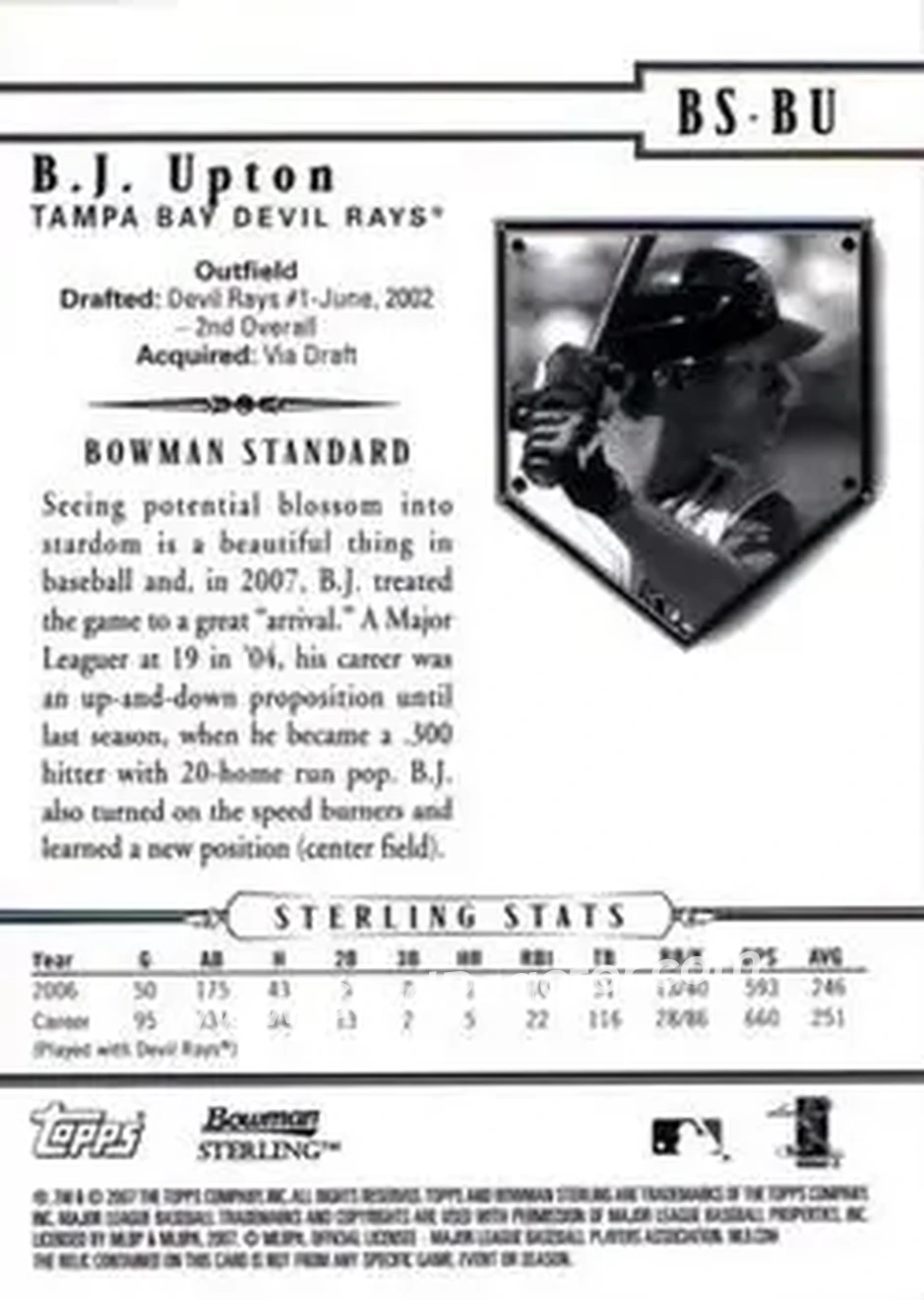 2007 Bowman Sterling #BS-BU - B.J. Upton - Tampa Bay Devil Rays - Back