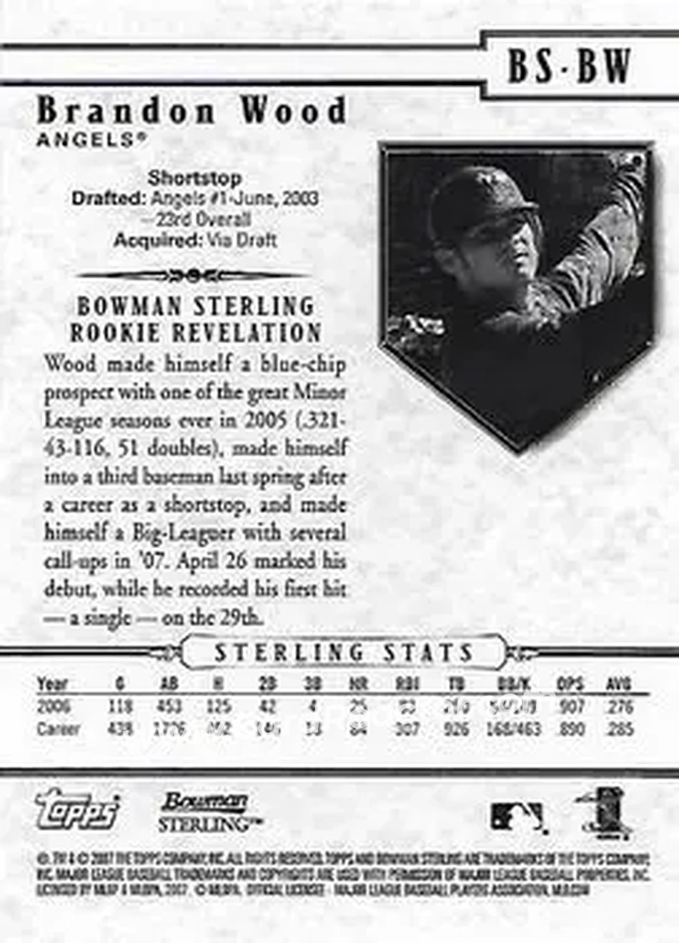 2007 Bowman Sterling #BS-BW - Brandon Wood - Los Angeles Angels - Back