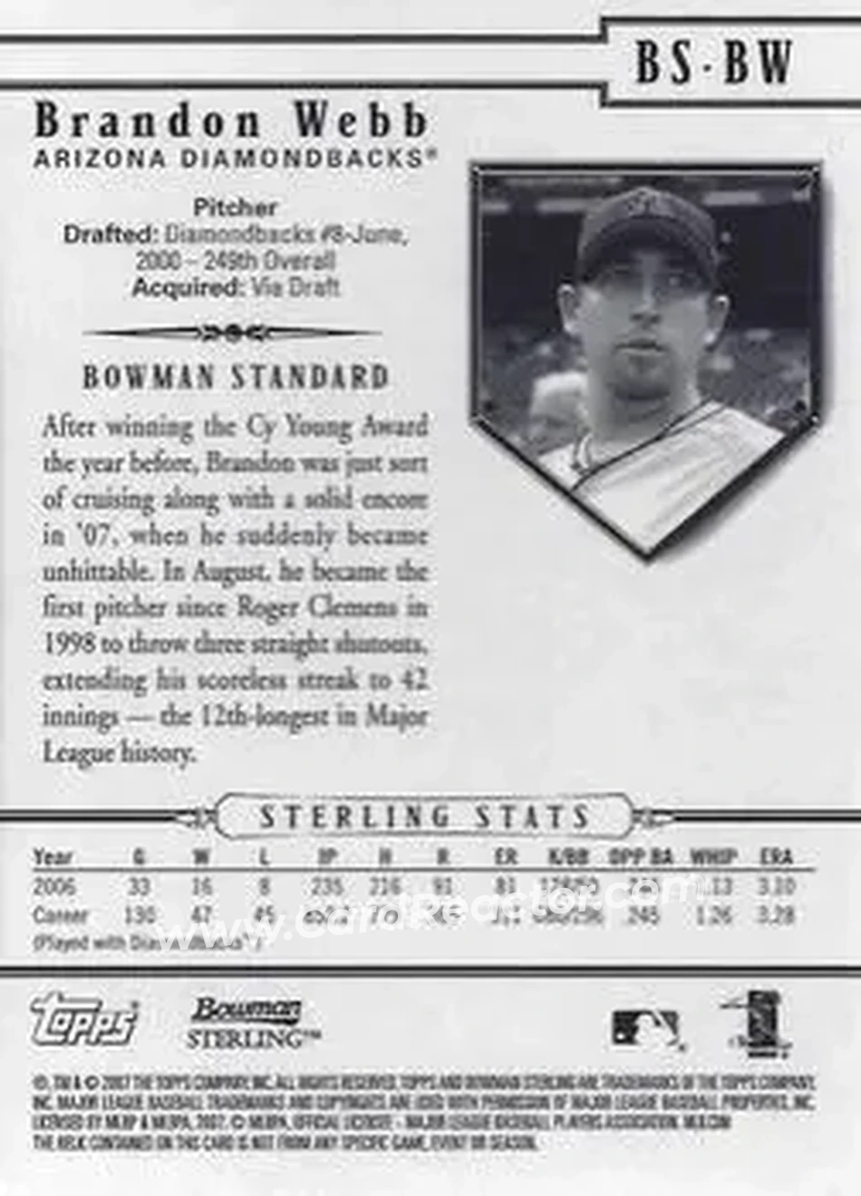 2007 Bowman Sterling #BS-BW - Brandon Webb - Arizona Diamondbacks - Back