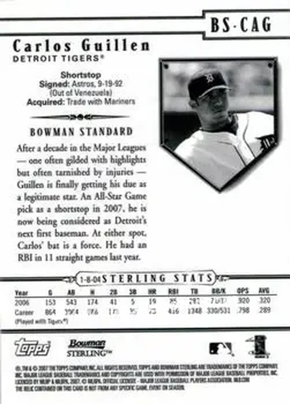 2007 Bowman Sterling #BS-CAG - Carlos Guillen - Detroit Tigers - Back