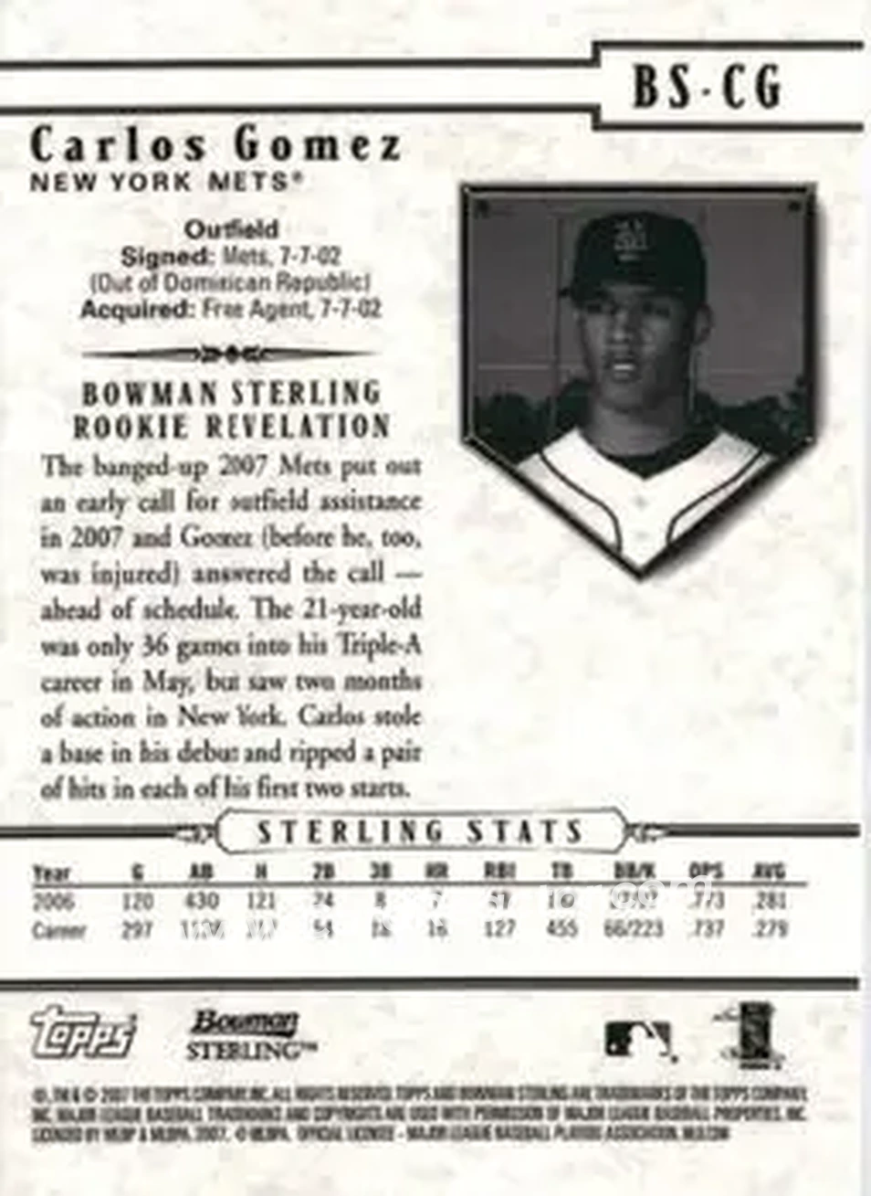 2007 Bowman Sterling #BS-CG - Carlos Gomez - New York Mets - Back 2007 Bowman Sterling #BS-CG - Carlos Gomez - New York Mets - Back