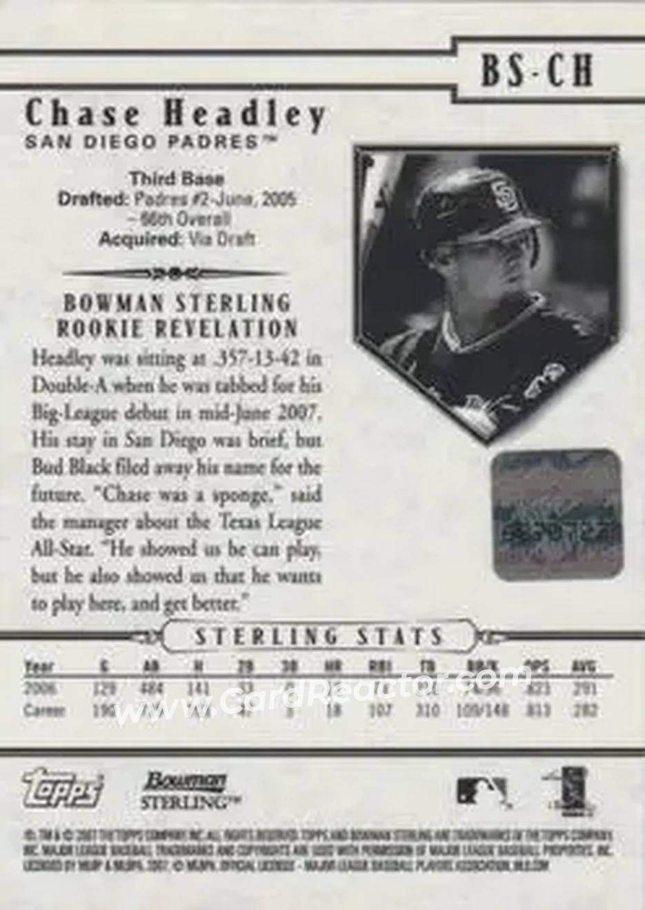 2007 Bowman Sterling #BS-CH - Chase Headley - San Diego Padres - Back 2007 Bowman Sterling #BS-CH - Chase Headley - San Diego Padres - Back