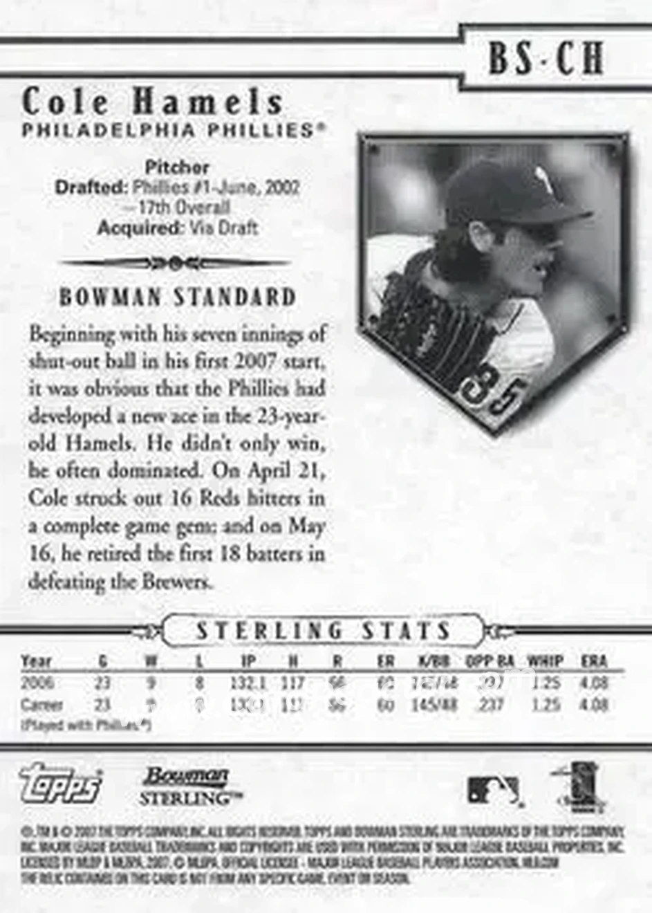 2007 Bowman Sterling #BS-CH - Cole Hamels - Philadelphia Phillies - Back 2007 Bowman Sterling #BS-CH - Cole Hamels - Philadelphia Phillies - Back