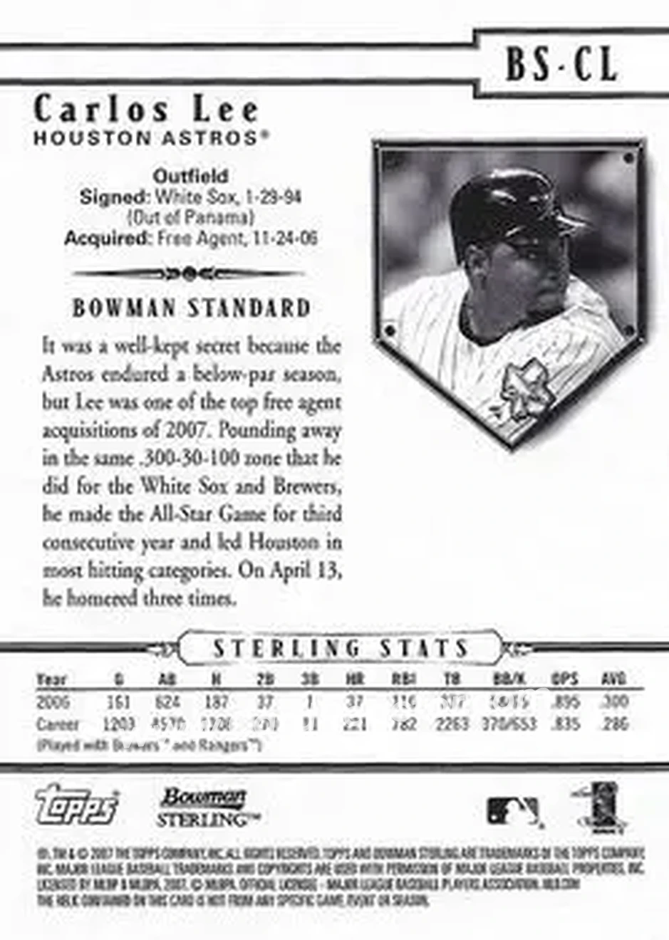 2007 Bowman Sterling #BS-CL - Carlos Lee - Houston Astros - Back