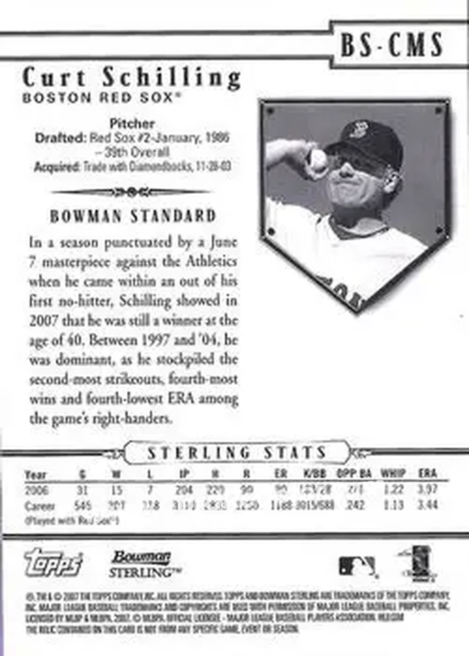 2007 Bowman Sterling #BS-CMS - Curt Schilling - Boston Red Sox - Back