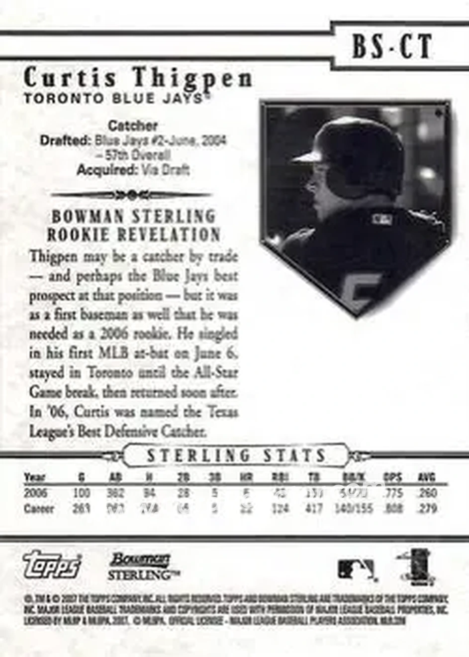 2007 Bowman Sterling #BS-CT - Curtis Thigpen - Toronto Blue Jays - Back 2007 Bowman Sterling #BS-CT - Curtis Thigpen - Toronto Blue Jays - Back
