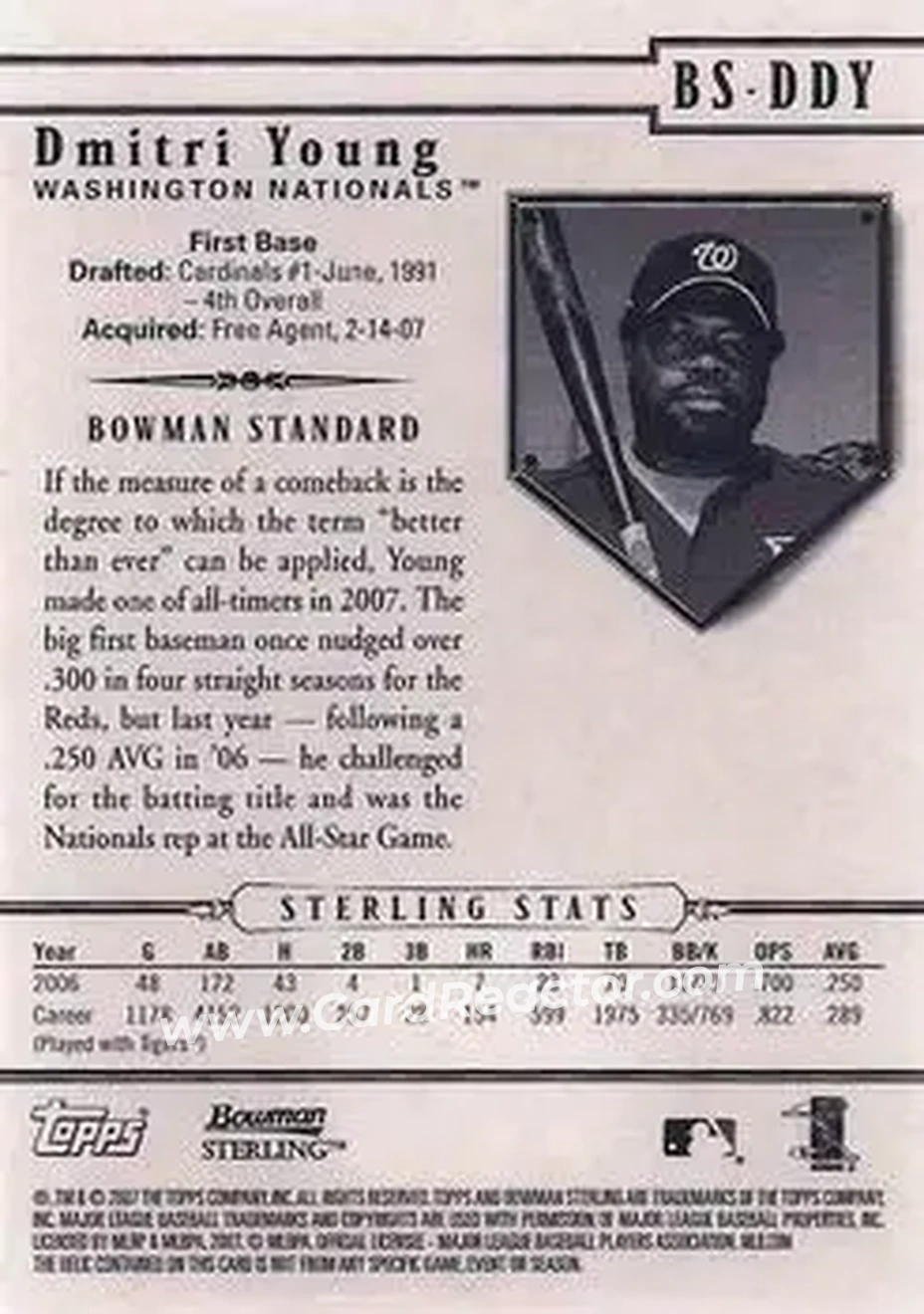 2007 Bowman Sterling #BS-DDY - Dmitri Young - Washington Nationals - Back