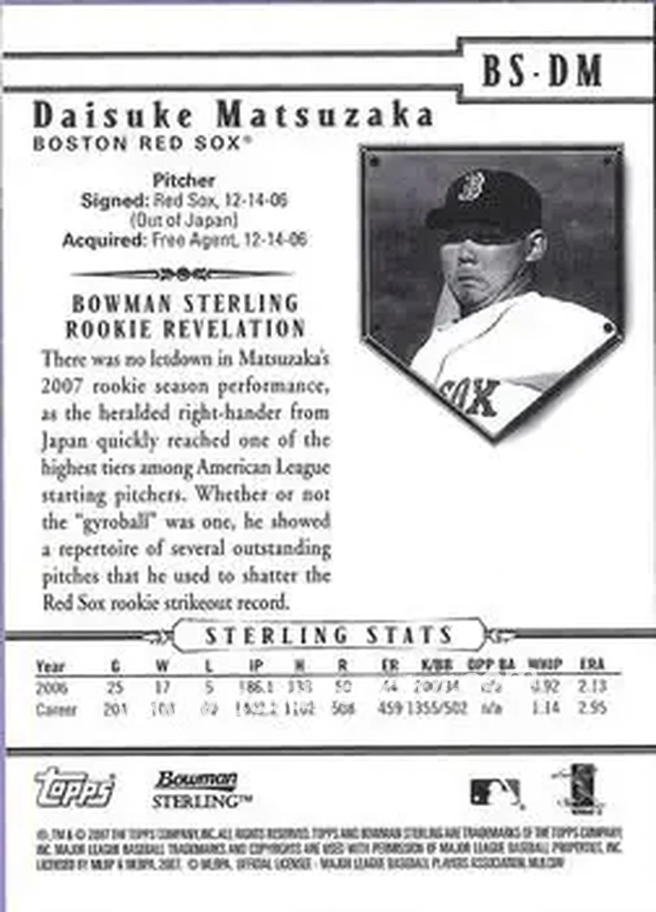 2007 Bowman Sterling #BS-DM - Daisuke Matsuzaka - Boston Red Sox - Back