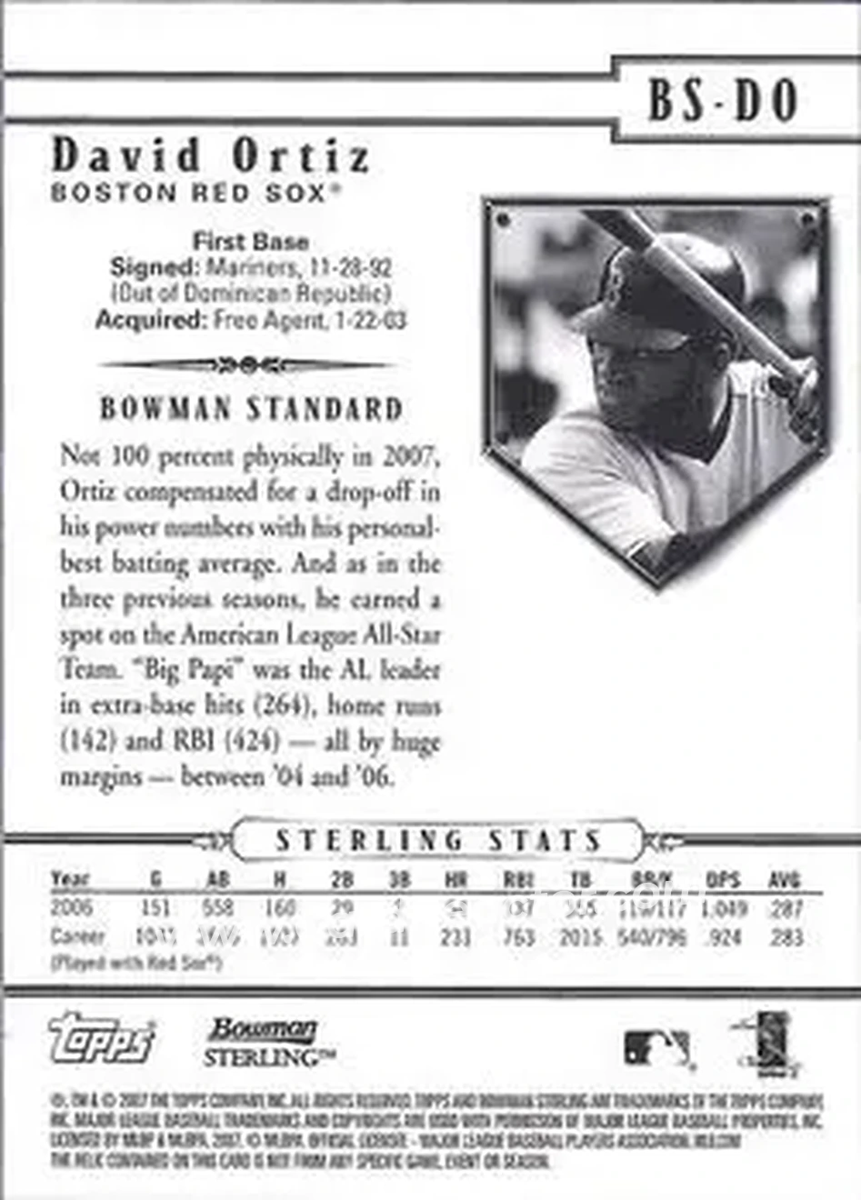 2007 Bowman Sterling #BS-DO - David Ortiz - Boston Red Sox - Back 2007 Bowman Sterling #BS-DO - David Ortiz - Boston Red Sox - Back