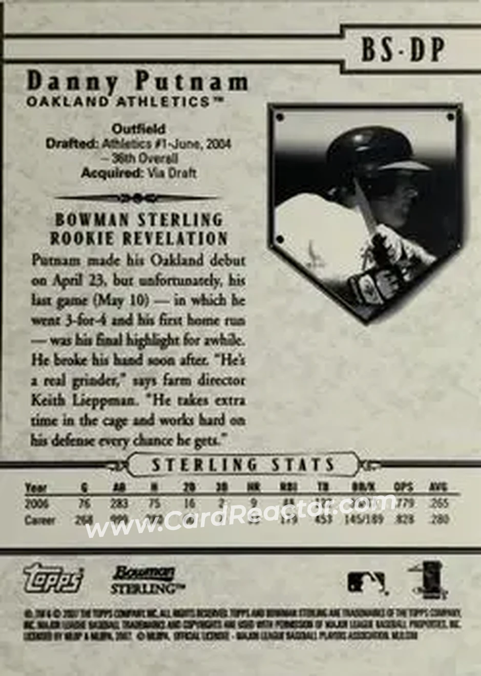 2007 Bowman Sterling #BS-DP - Danny Putnam - Oakland Athletics - Back 2007 Bowman Sterling #BS-DP - Danny Putnam - Oakland Athletics - Back