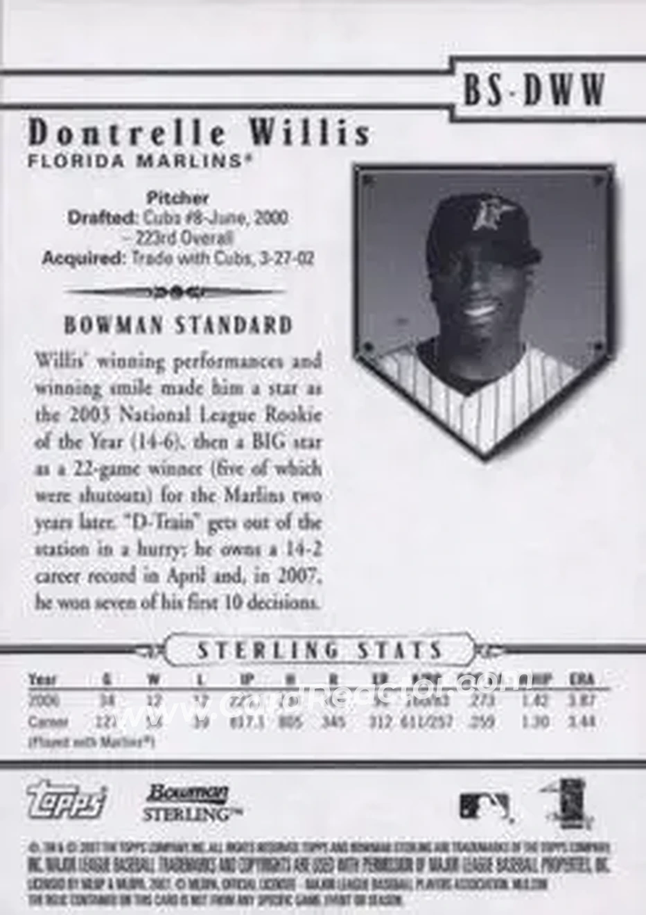 2007 Bowman Sterling #BS-DWW - Dontrelle Willis - Florida Marlins - Back 2007 Bowman Sterling #BS-DWW - Dontrelle Willis - Florida Marlins - Back