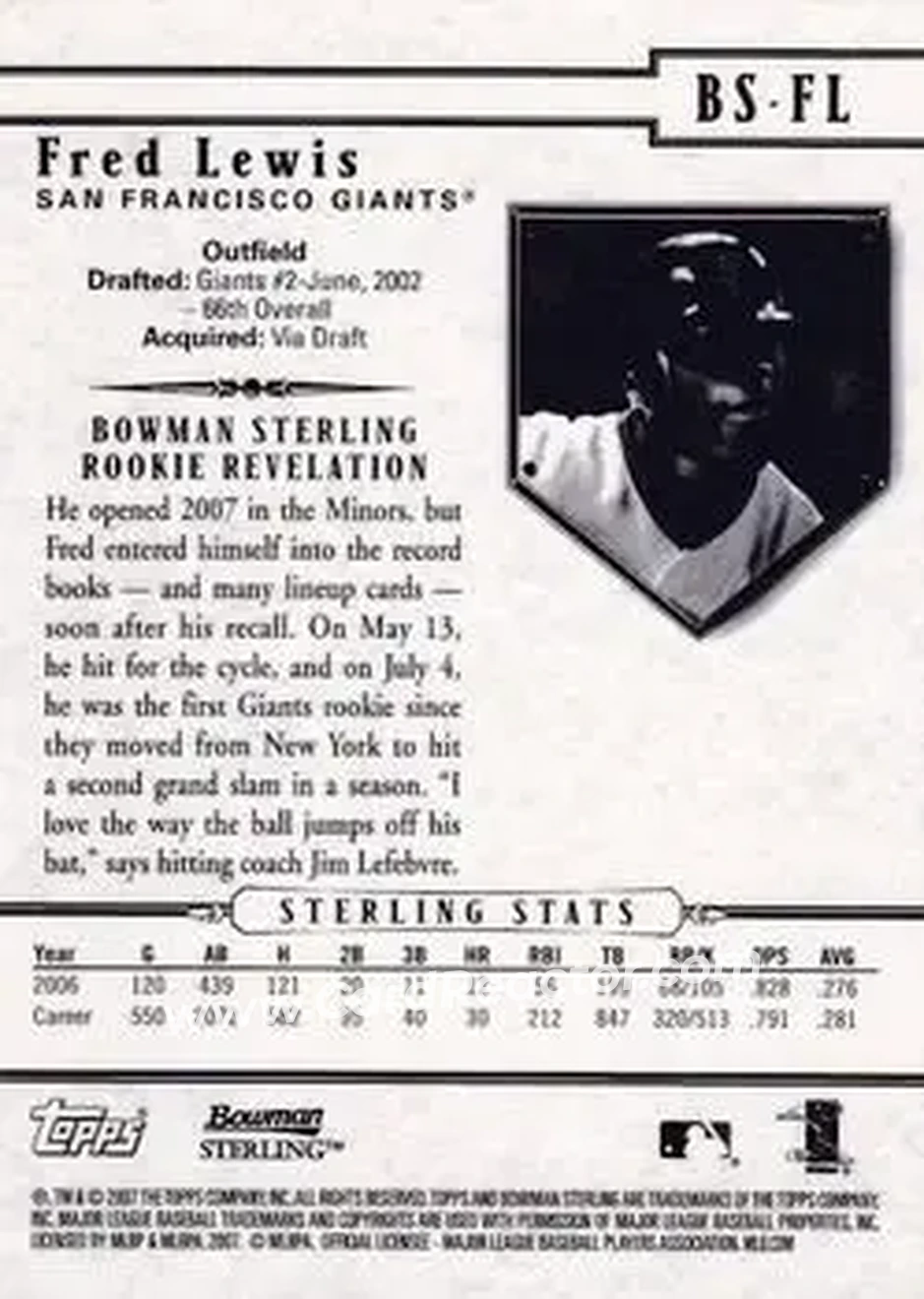 2007 Bowman Sterling #BS-FL - Fred Lewis - San Francisco Giants - Back