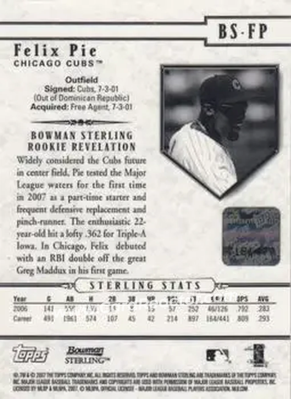 2007 Bowman Sterling #BS-FP - Felix Pie - Chicago Cubs - Back