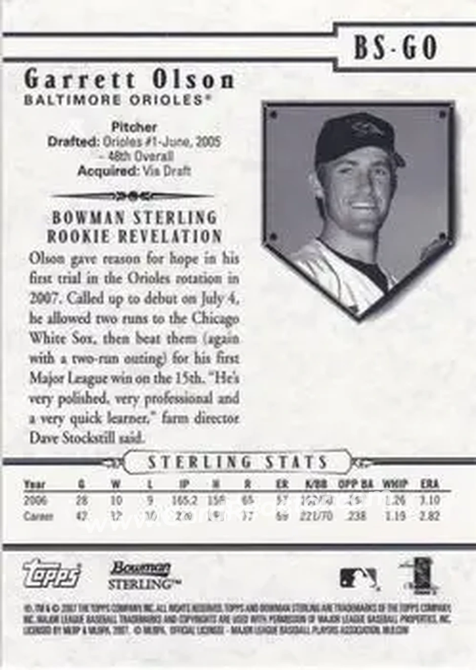 2007 Bowman Sterling #BS-GO - Garrett Olson - Baltimore Orioles - Back