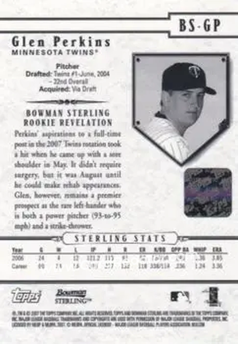 2007 Bowman Sterling #BS-GP - Glen Perkins - Minnesota Twins - Back