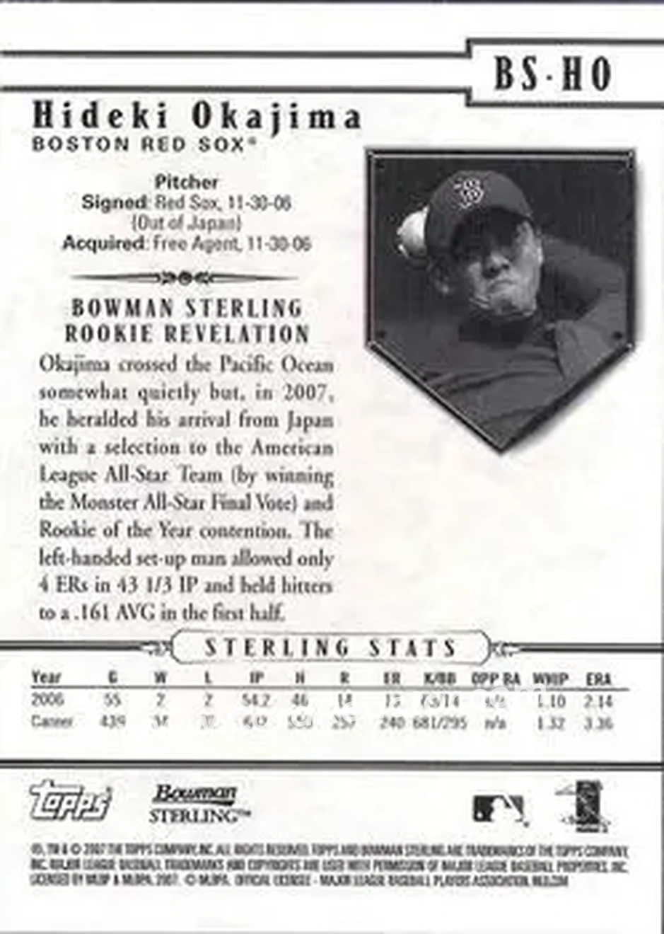 2007 Bowman Sterling #BS-HO - Hideki Okajima - Boston Red Sox - Back 2007 Bowman Sterling #BS-HO - Hideki Okajima - Boston Red Sox - Back