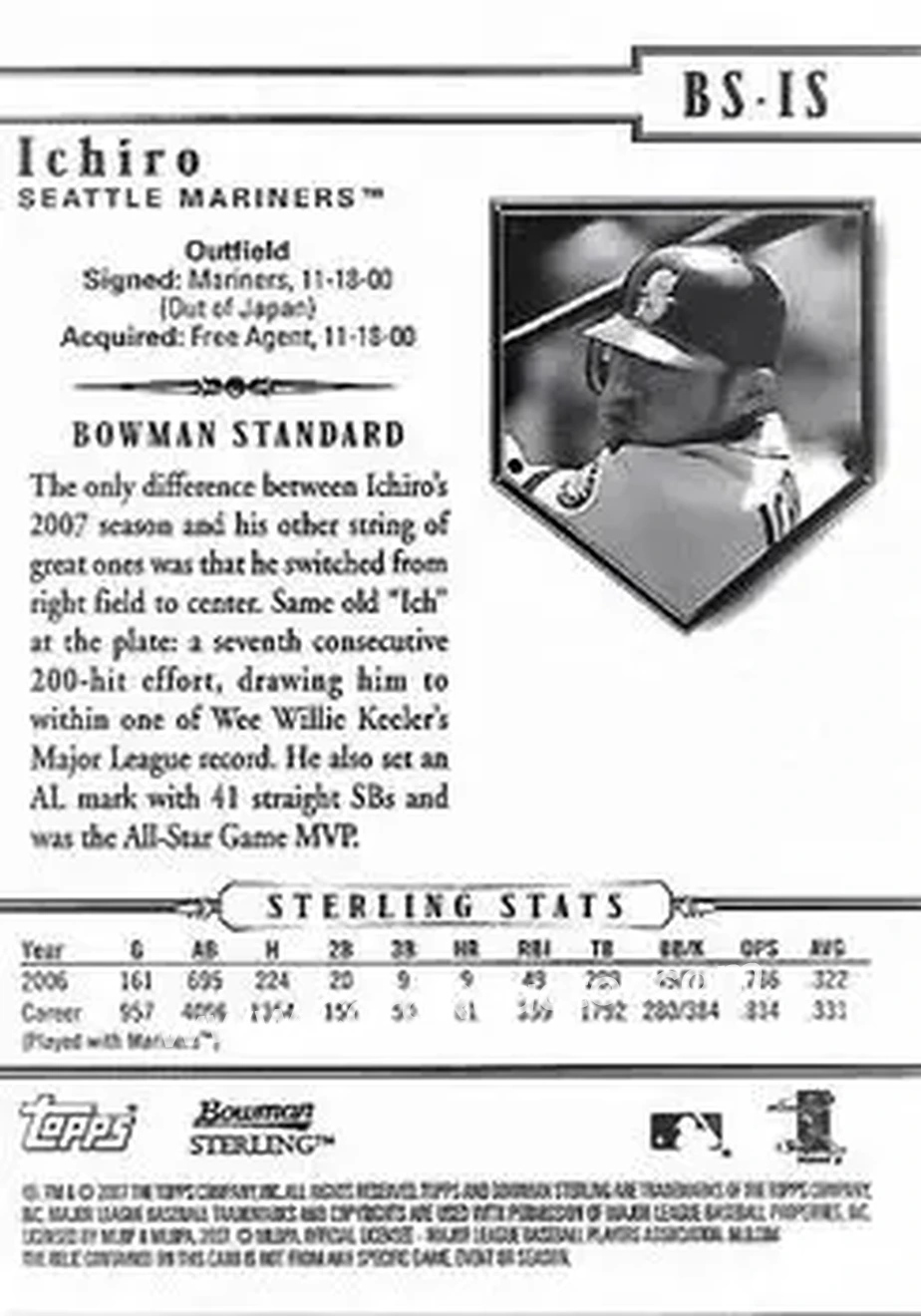 2007 Bowman Sterling #BS-IS - Ichiro - Seattle Mariners - Back