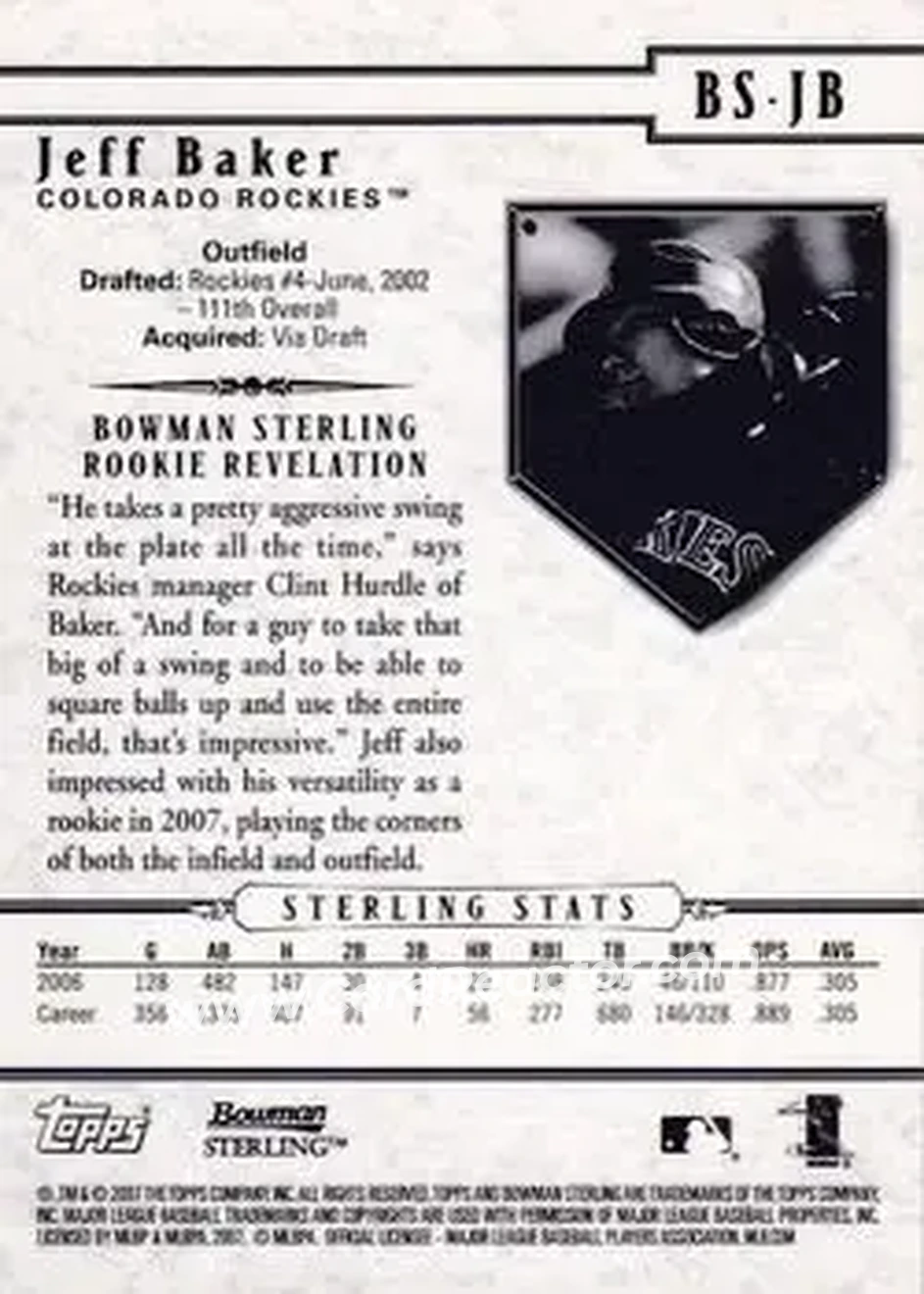 2007 Bowman Sterling #BS-JB - Jeff Baker - Colorado Rockies - Back 2007 Bowman Sterling #BS-JB - Jeff Baker - Colorado Rockies - Back