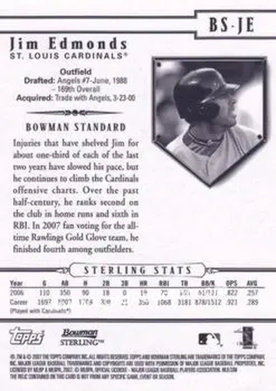 2007 Bowman Sterling #BS-JE - Jim Edmonds - St. Louis Cardinals - Back 2007 Bowman Sterling #BS-JE - Jim Edmonds - St. Louis Cardinals - Back