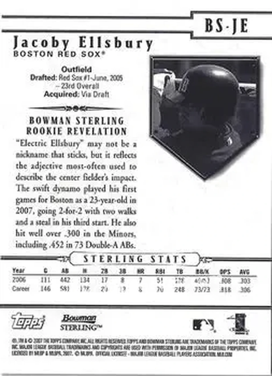 2007 Bowman Sterling #BS-JE - Jacoby Ellsbury - Boston Red Sox - Back