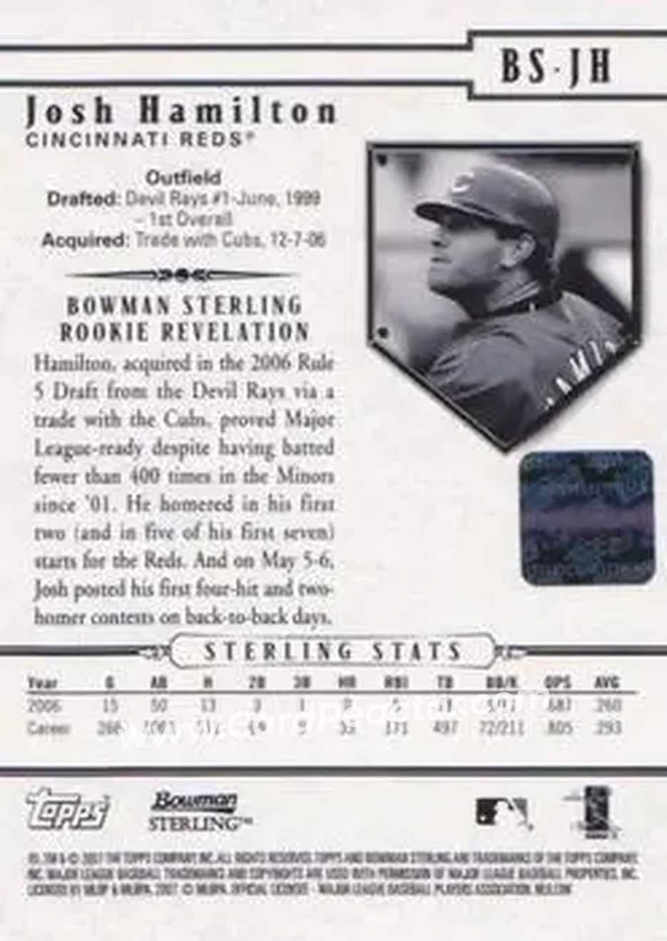 2007 Bowman Sterling #BS-JH - Josh Hamilton - Cincinnati Reds - Back