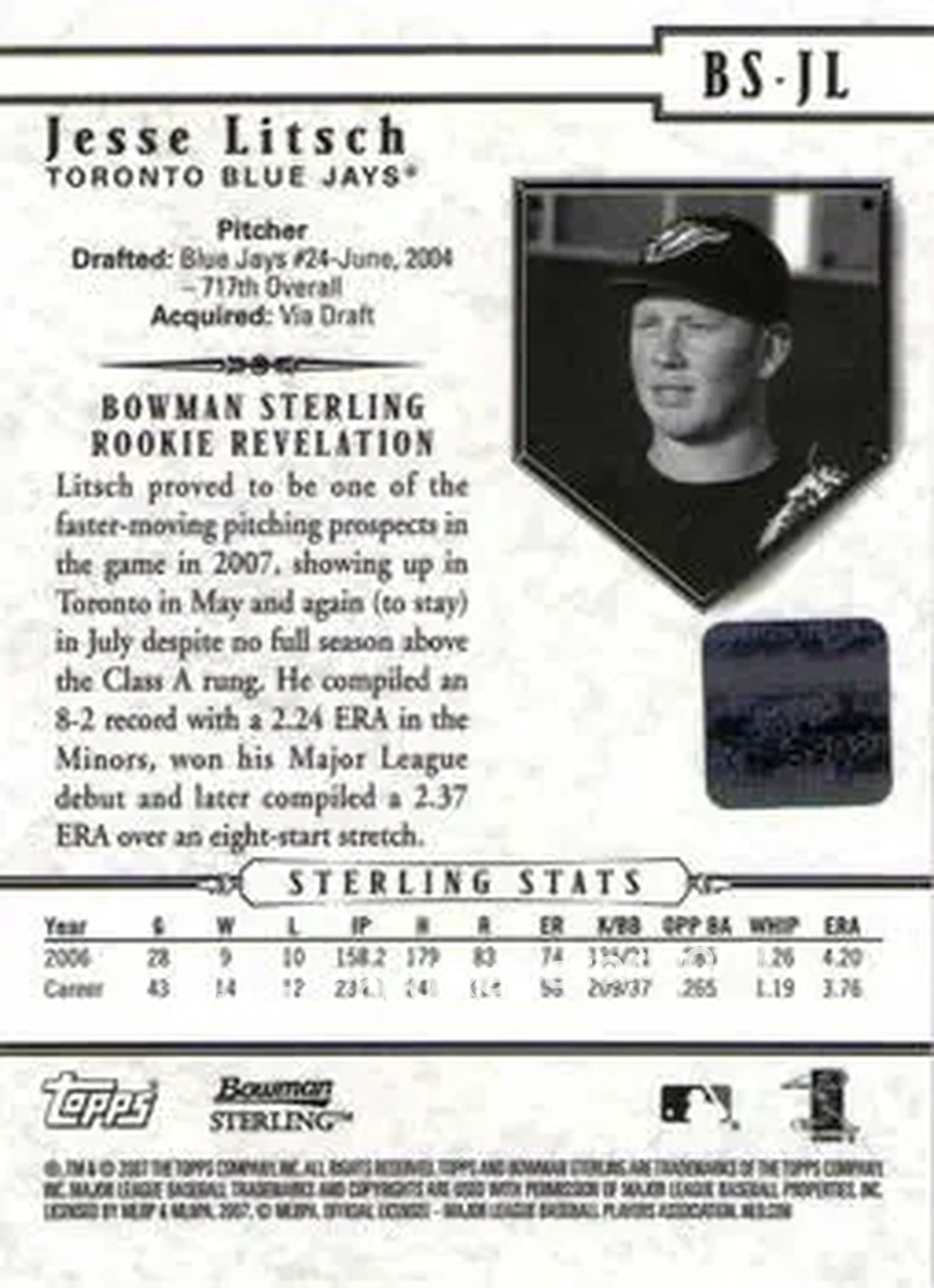 2007 Bowman Sterling #BS-JL - Jesse Litsch - Toronto Blue Jays - Back 2007 Bowman Sterling #BS-JL - Jesse Litsch - Toronto Blue Jays - Back