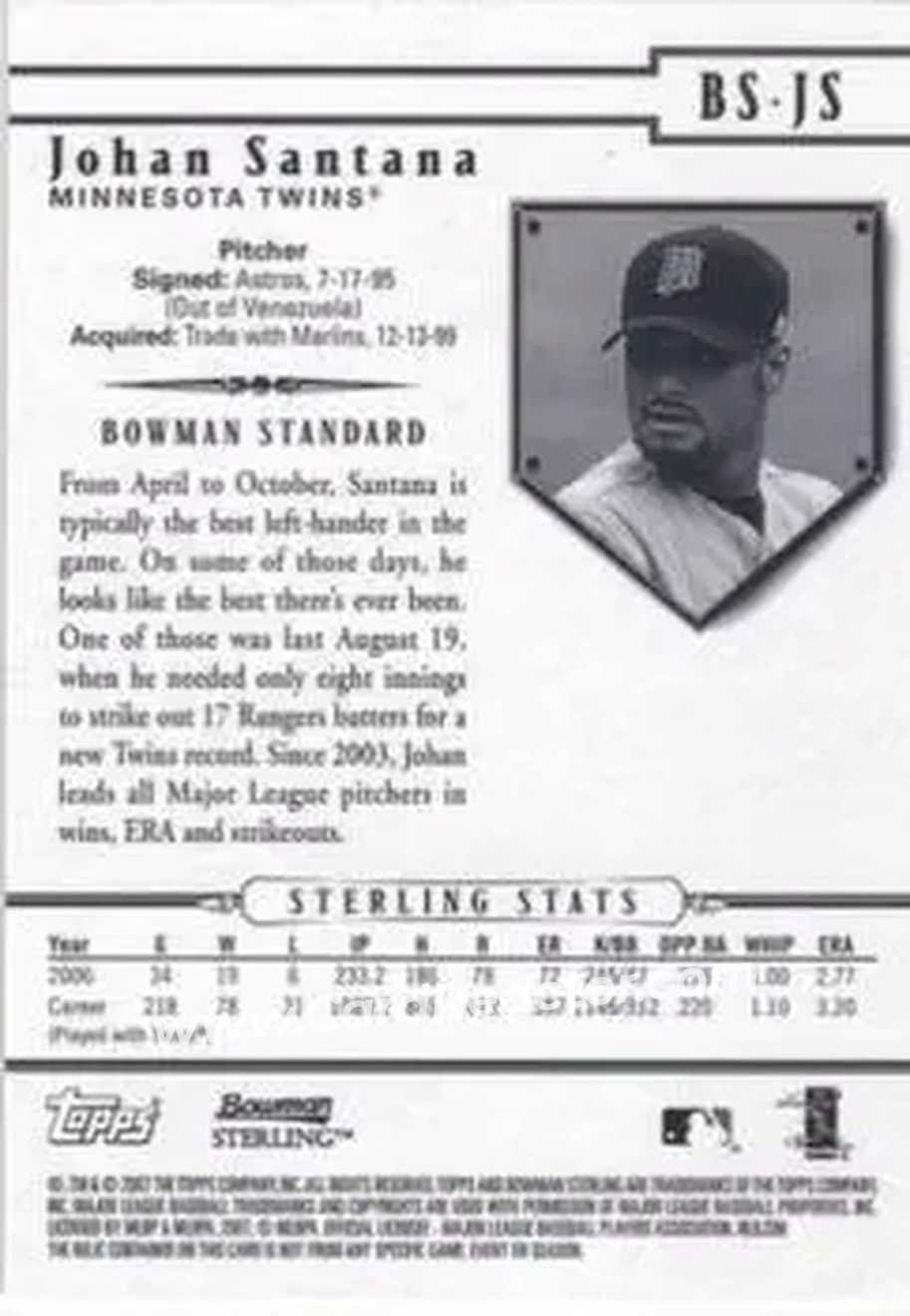 2007 Bowman Sterling #BS-JS - Johan Santana - Minnesota Twins - Back 2007 Bowman Sterling #BS-JS - Johan Santana - Minnesota Twins - Back