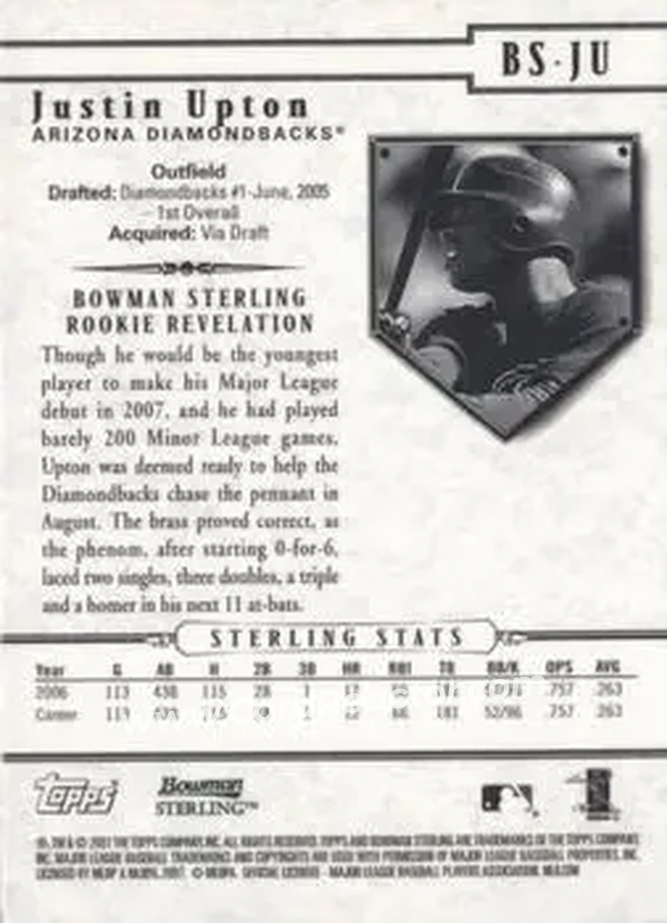 2007 Bowman Sterling #BS-JU - Justin Upton - Arizona Diamondbacks - Back 2007 Bowman Sterling #BS-JU - Justin Upton - Arizona Diamondbacks - Back