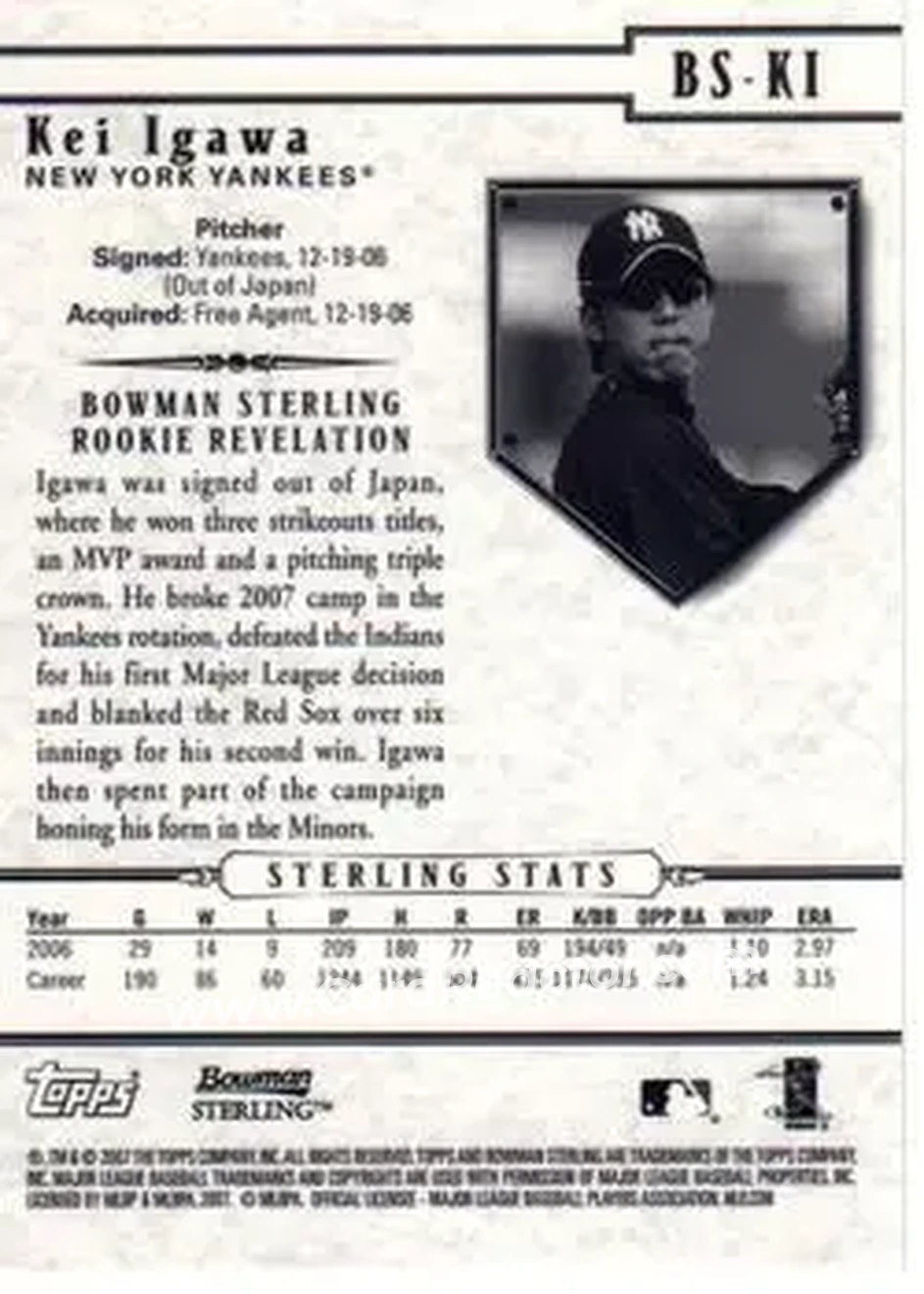 2007 Bowman Sterling #BS-KI - Kei Igawa - New York Yankees - Back 2007 Bowman Sterling #BS-KI - Kei Igawa - New York Yankees - Back