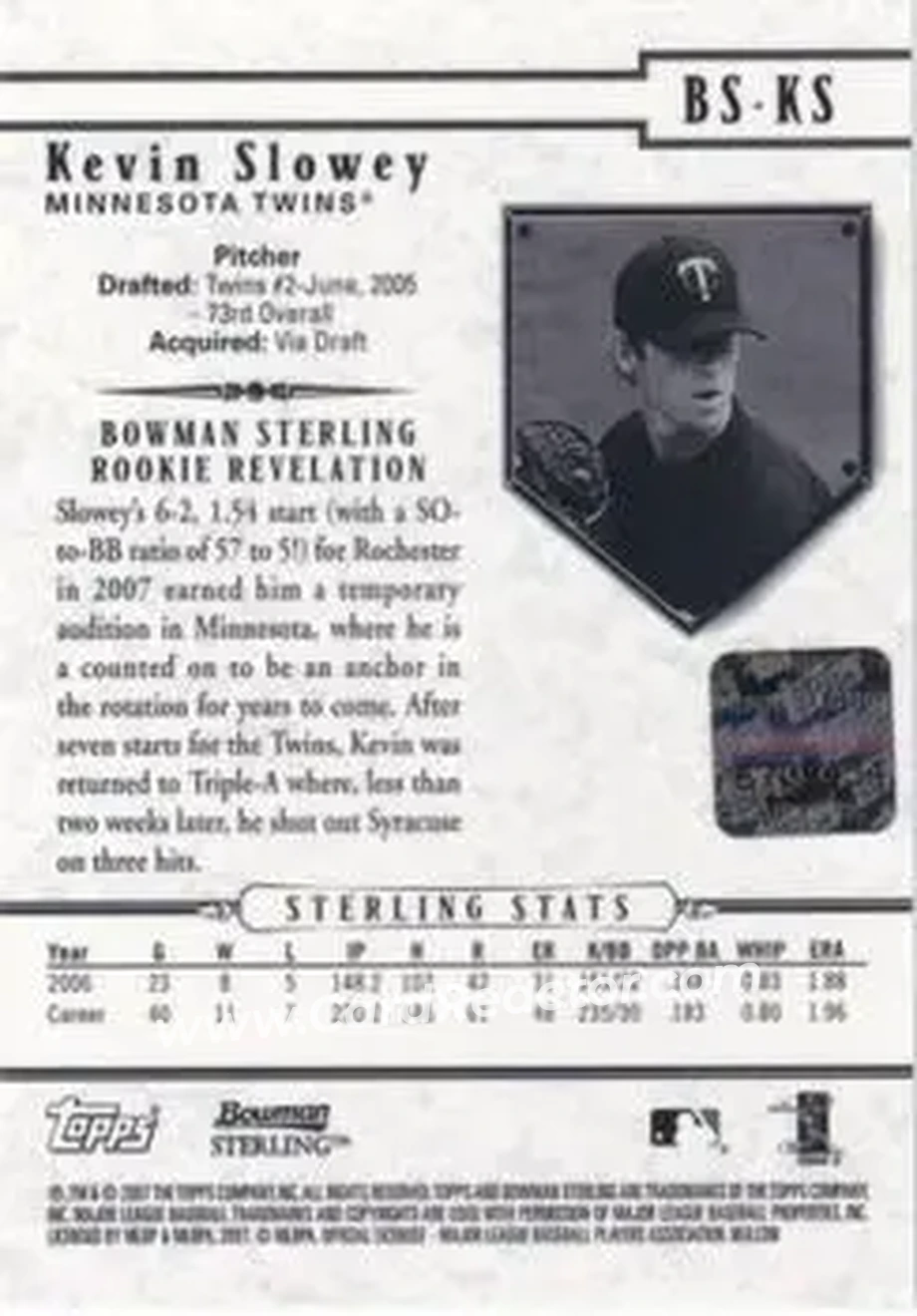 2007 Bowman Sterling #BS-KS - Kevin Slowey - Minnesota Twins - Back 2007 Bowman Sterling #BS-KS - Kevin Slowey - Minnesota Twins - Back