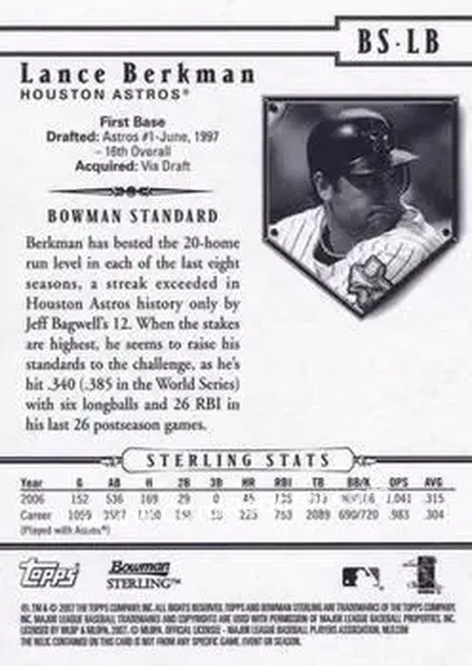 2007 Bowman Sterling #BS-LB - Lance Berkman - Houston Astros - Back 2007 Bowman Sterling #BS-LB - Lance Berkman - Houston Astros - Back