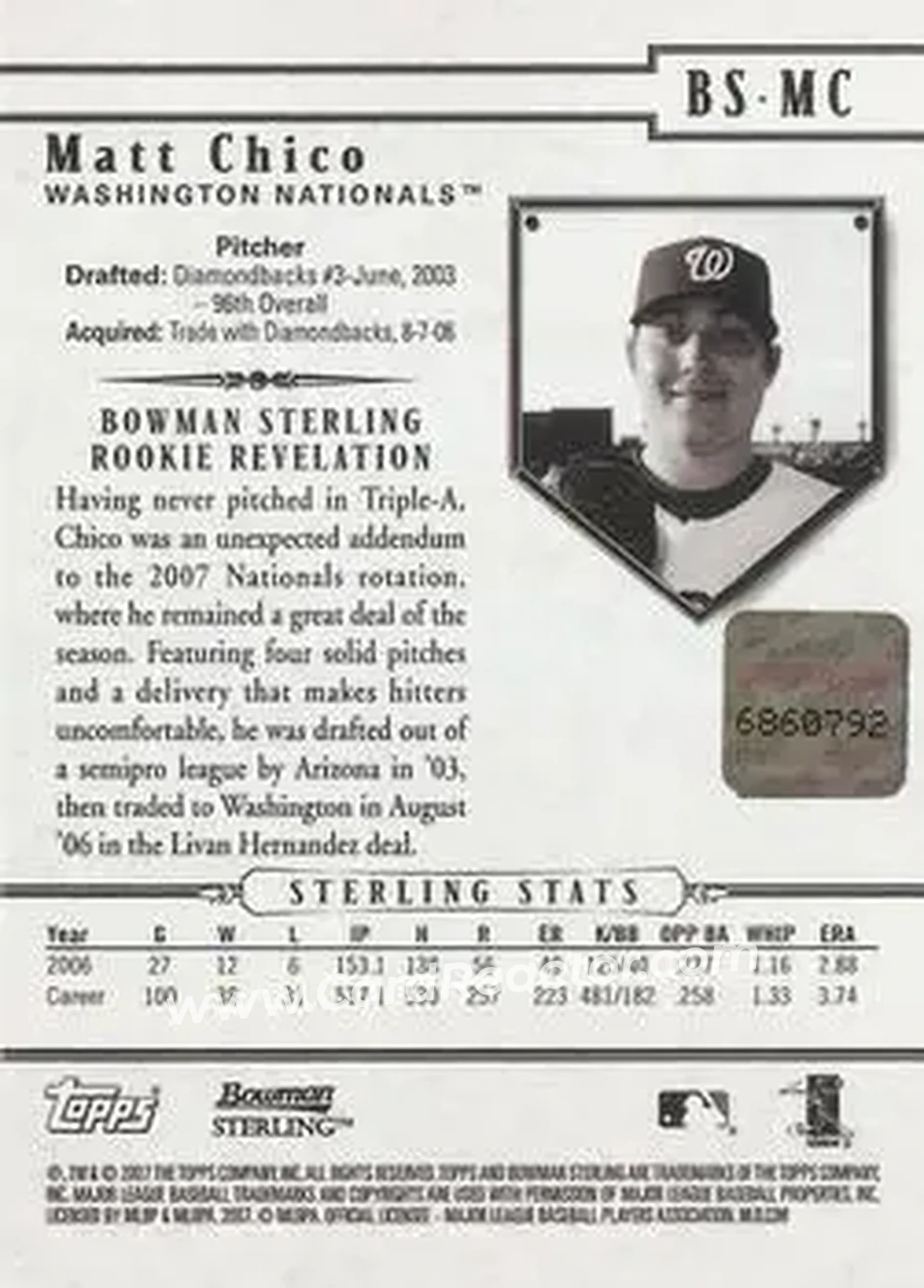 2007 Bowman Sterling #BS-MC - Matt Chico - Washington Nationals - Back 2007 Bowman Sterling #BS-MC - Matt Chico - Washington Nationals - Back