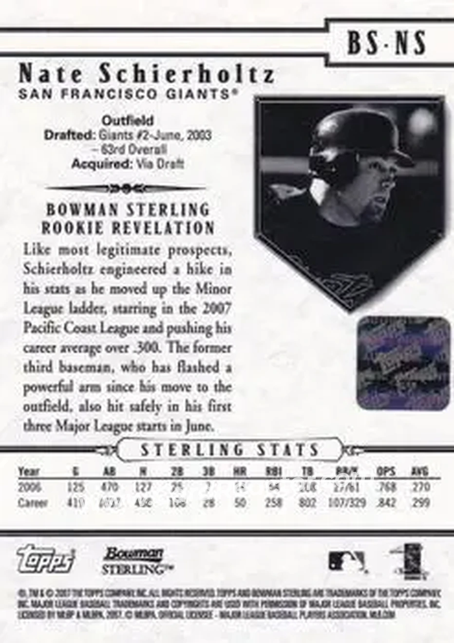 2007 Bowman Sterling #BS-NS - Nate Schierholtz - San Francisco Giants - Back 2007 Bowman Sterling #BS-NS - Nate Schierholtz - San Francisco Giants - Back
