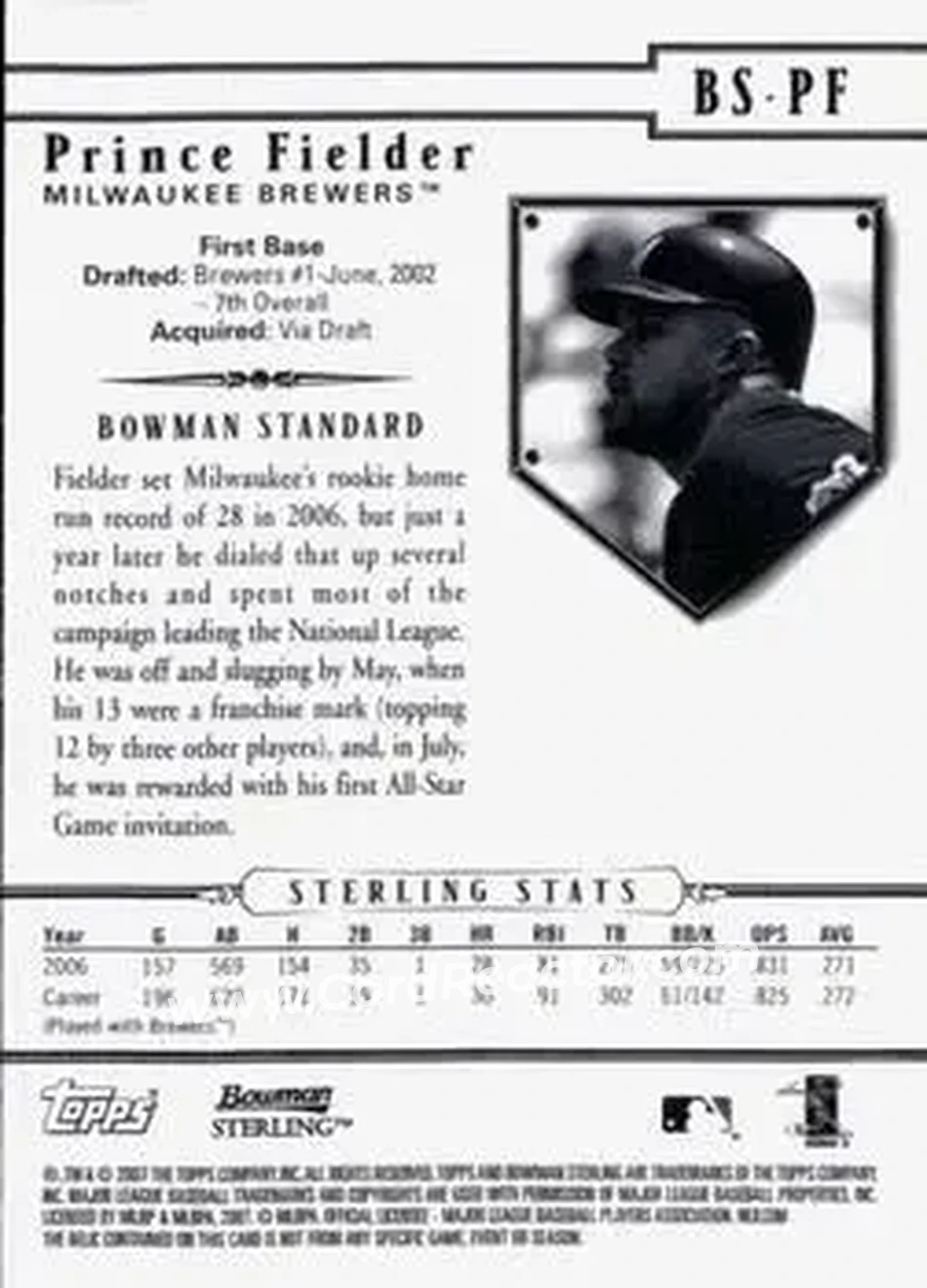 2007 Bowman Sterling #BS-PF - Prince Fielder - Milwaukee Brewers - Back