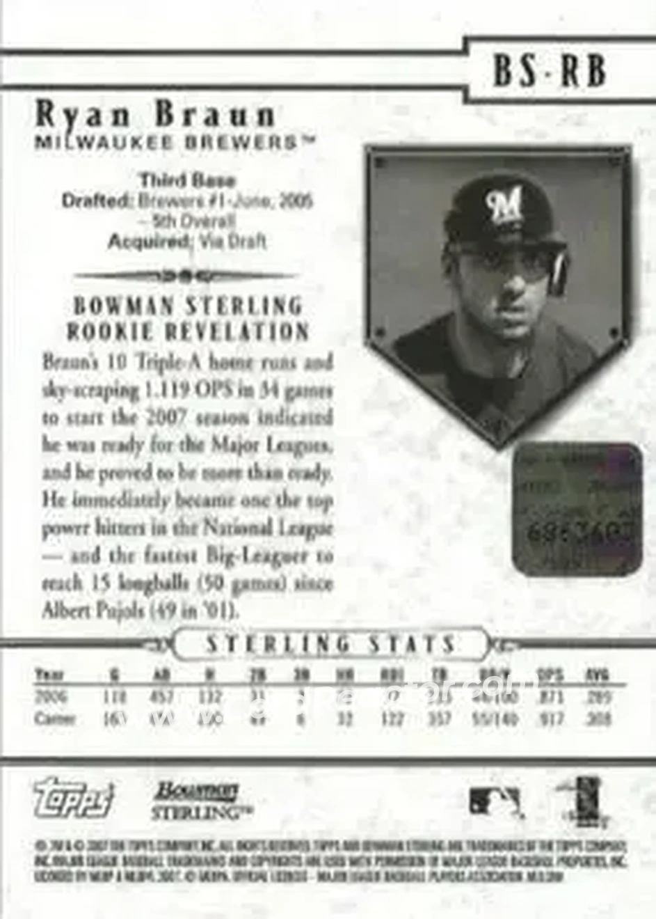 2007 Bowman Sterling #BS-RB - Ryan Braun - Milwaukee Brewers - Back