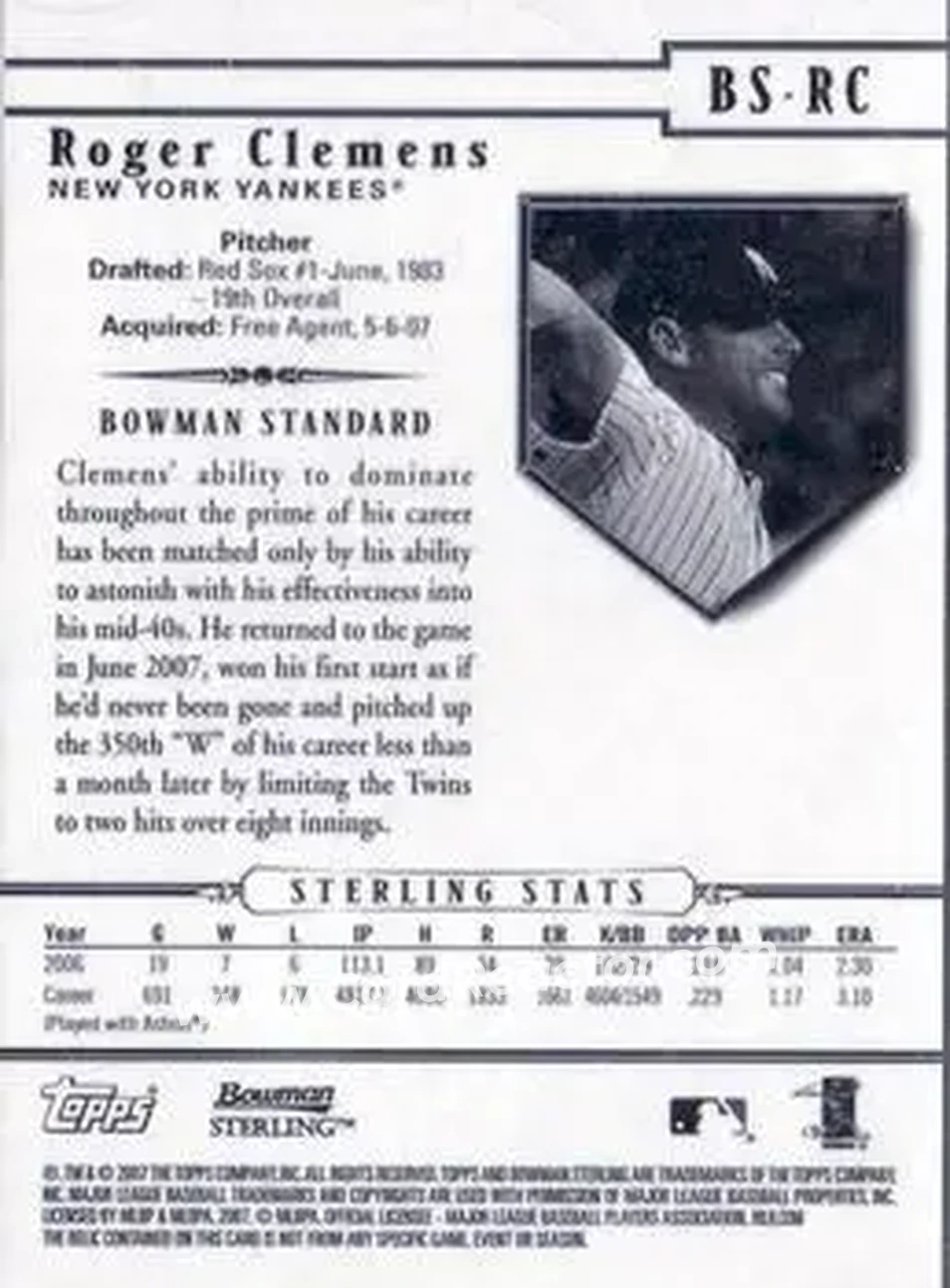 2007 Bowman Sterling #BS-RC - Roger Clemens - New York Yankees - Back 2007 Bowman Sterling #BS-RC - Roger Clemens - New York Yankees - Back