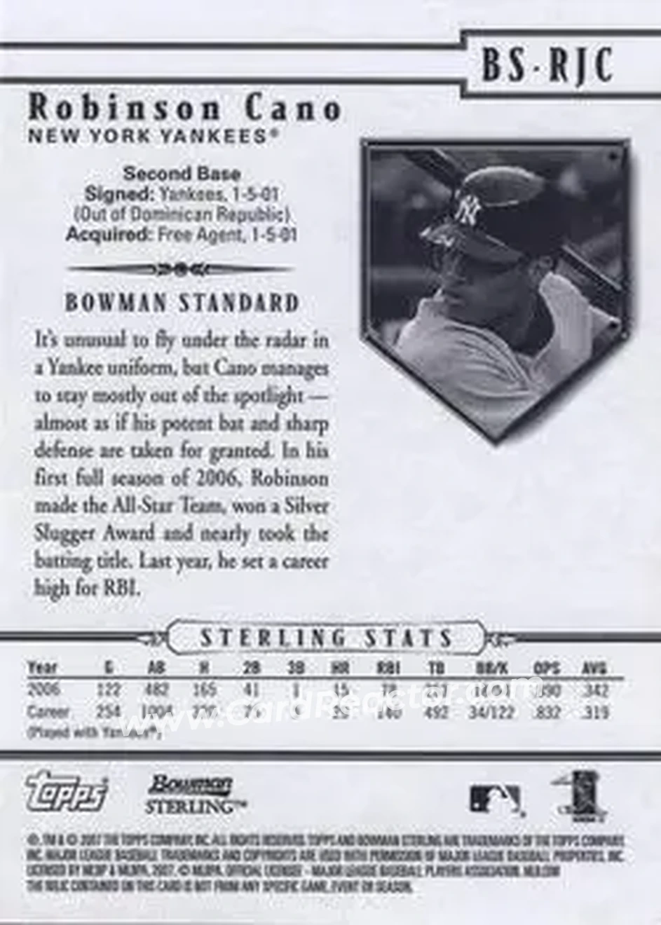 2007 Bowman Sterling #BS-RJC - Robinson Cano - New York Yankees - Back