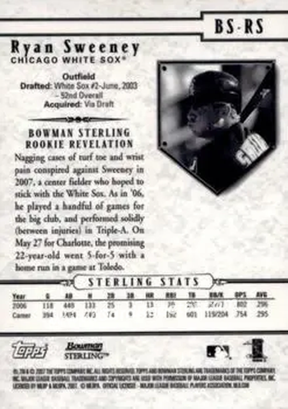 2007 Bowman Sterling #BS-RS - Ryan Sweeney - Chicago White Sox - Back