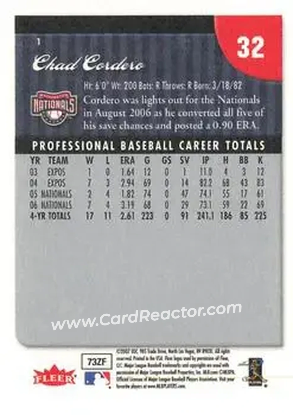 2007 Fleer #1 - Chad Cordero - Washington Nationals - Back