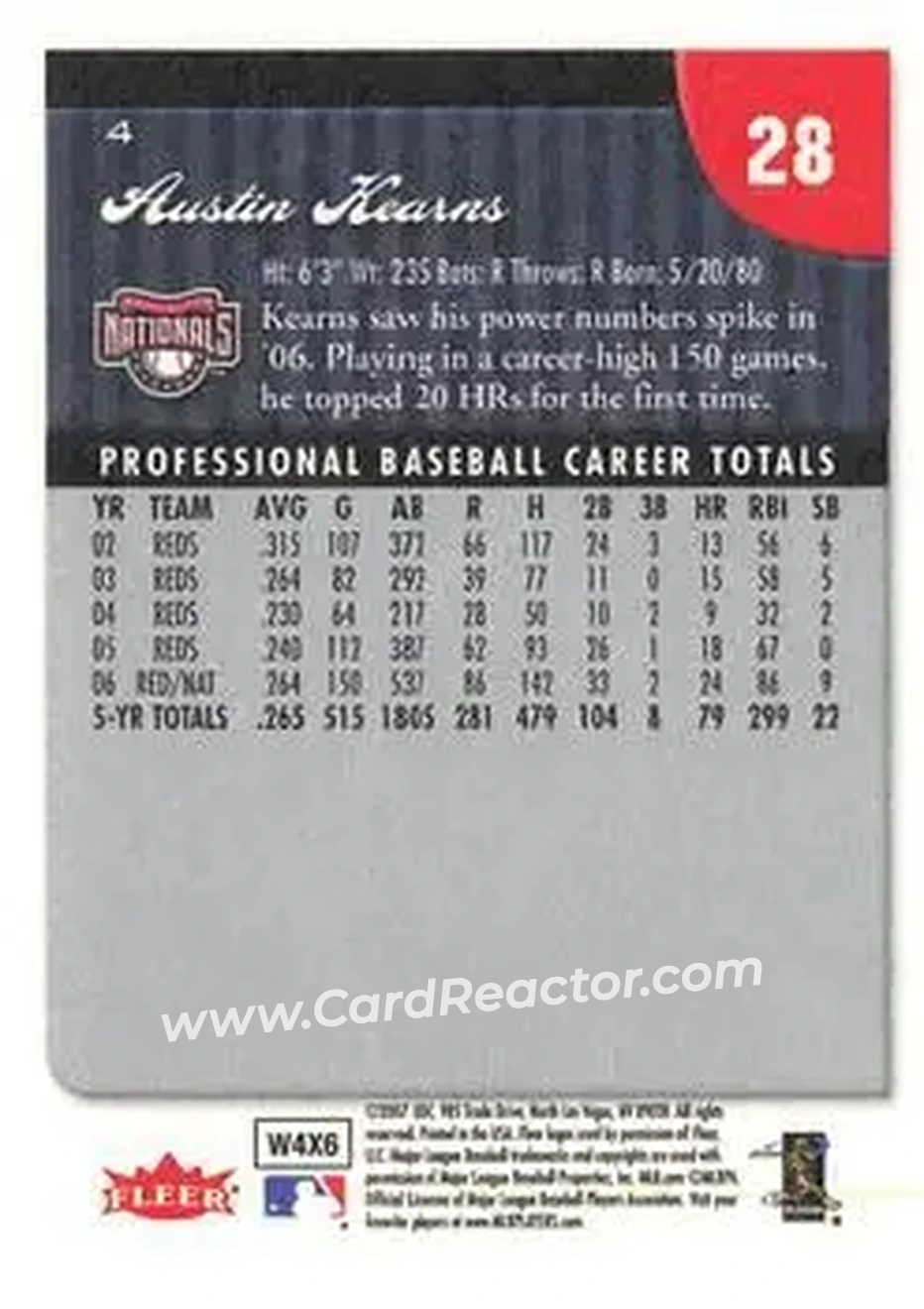 2007 Fleer #4 - Austin Kearns - Washington Nationals - Back