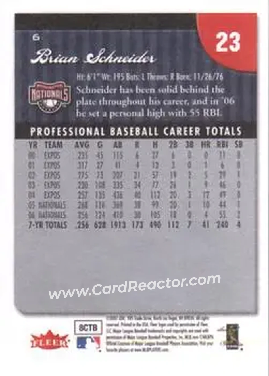 2007 Fleer #6 - Brian Schneider - Washington Nationals - Back 2007 Fleer #6 - Brian Schneider - Washington Nationals - Back