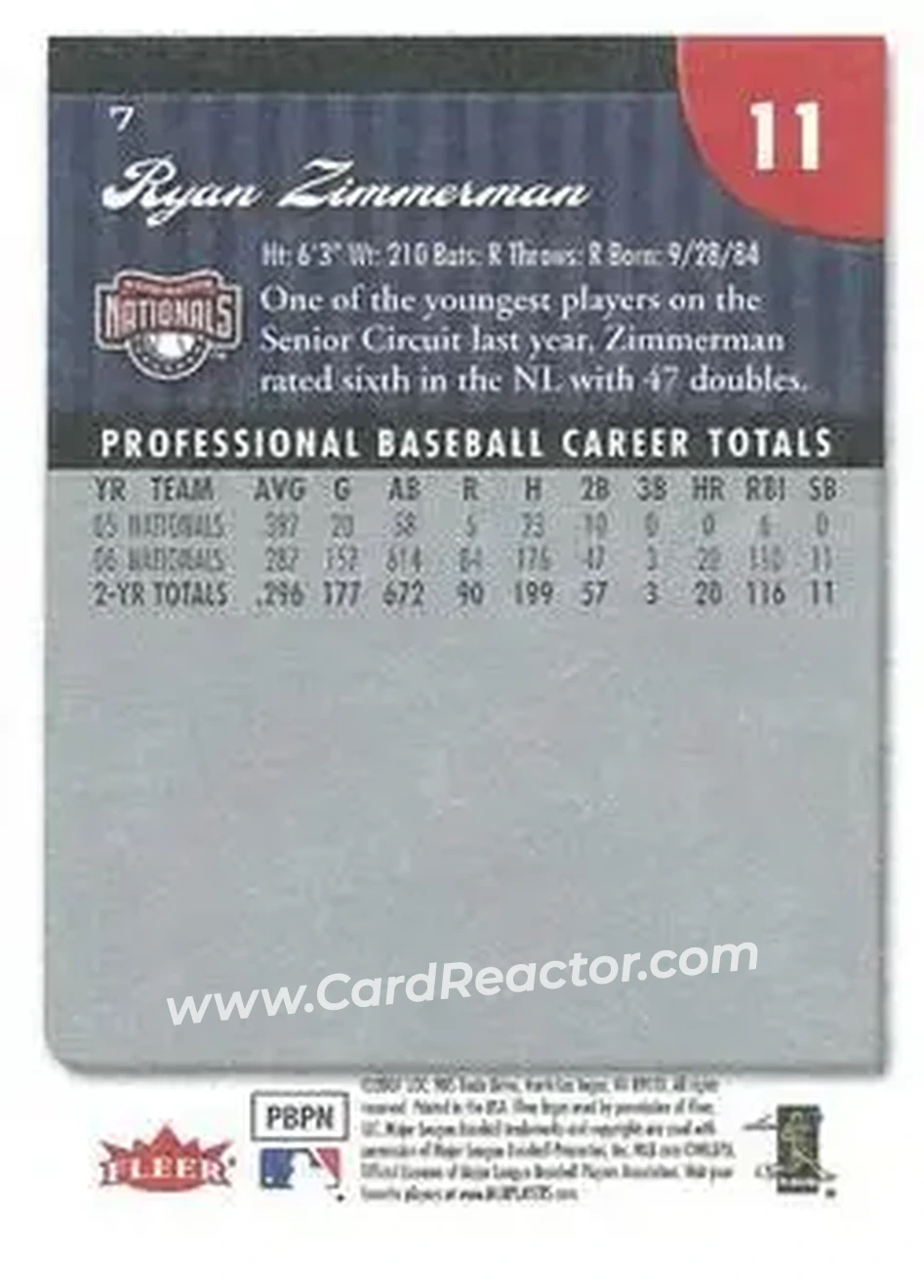 2007 Fleer #7 - Ryan Zimmerman - Washington Nationals - Back