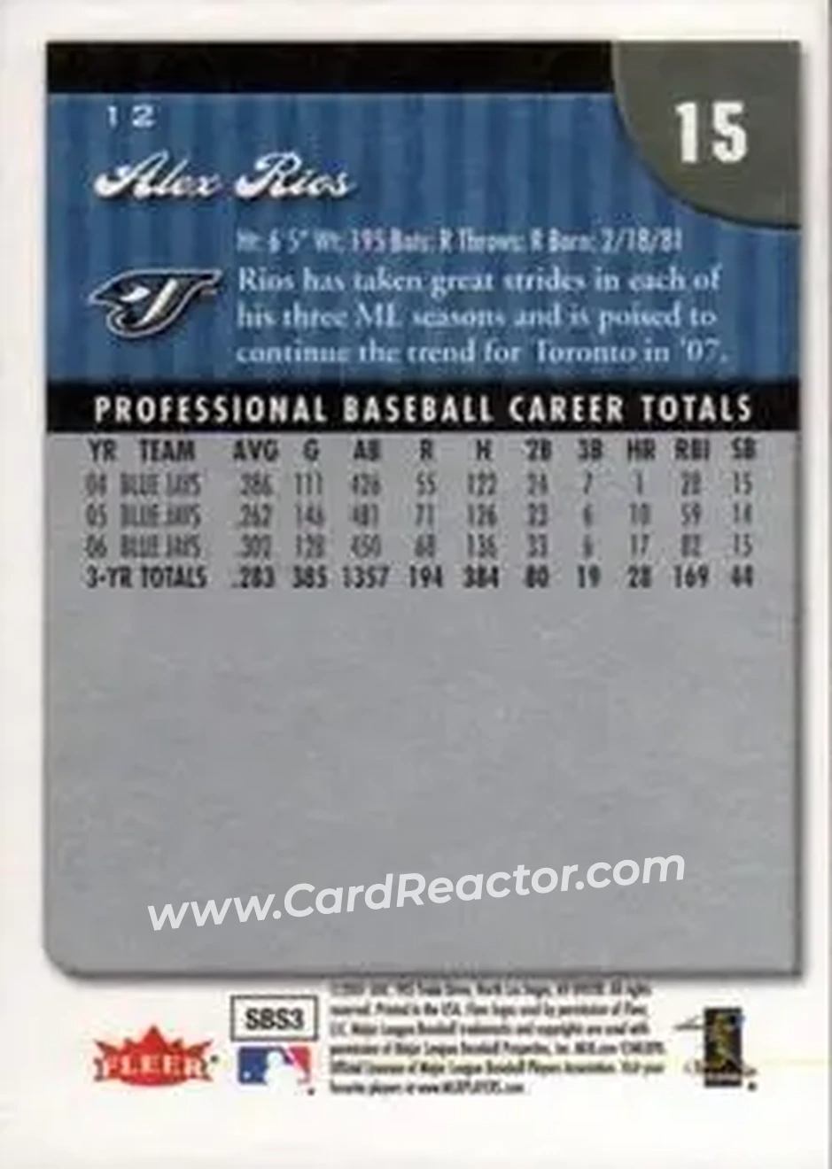 2007 Fleer #12 - Alex Rios - Toronto Blue Jays - Back